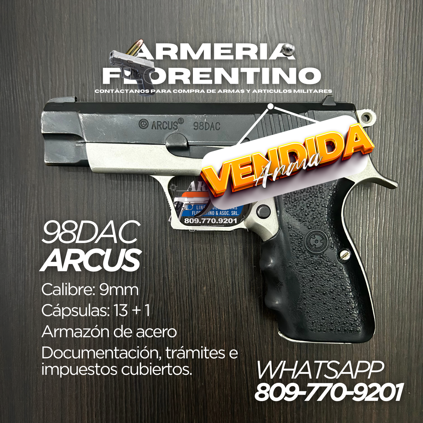 PISTOLA ARCUS, MODELO 98DAC, CALIBRE 9MM, CAPSULAS: 13 + 1