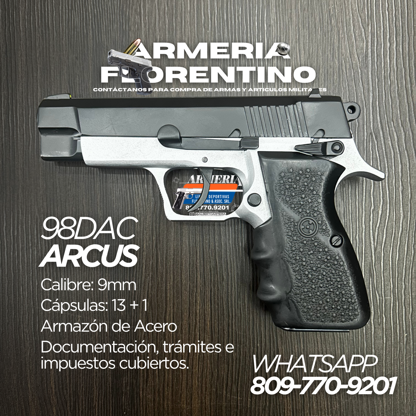 PISTOLA ARCUS, MODELO 98DAC, CALIBRE 9MM, CAPSULAS: 13 + 1