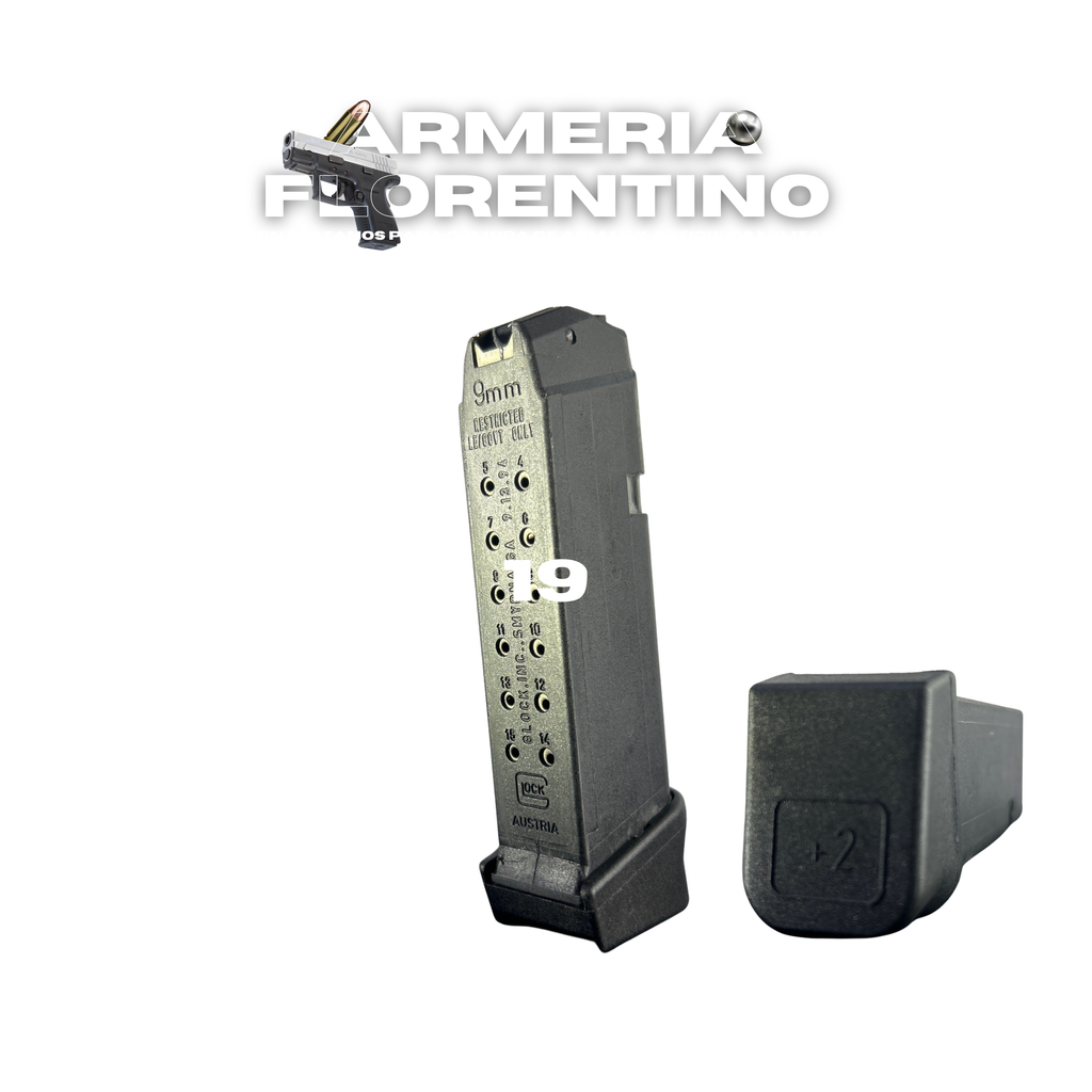 CARGADOR PARA PISTOLA GLOCK 19 CON EXTENSIÓN +2 – 17 CÁPSULAS – ORIGINAL – CALIBRE 9MM