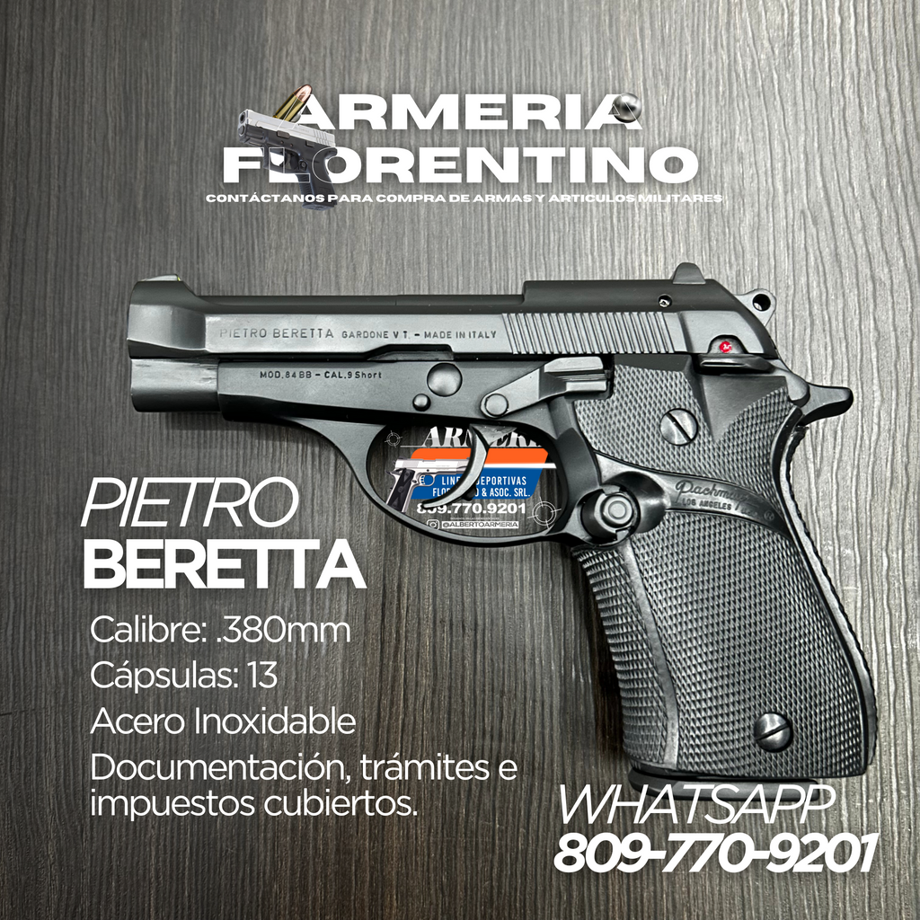 PISTOLA PIETRO BERETTA, MODELO 84BB, CALIBRE: ACP .380MM, CAPSULAS 13 + 1
