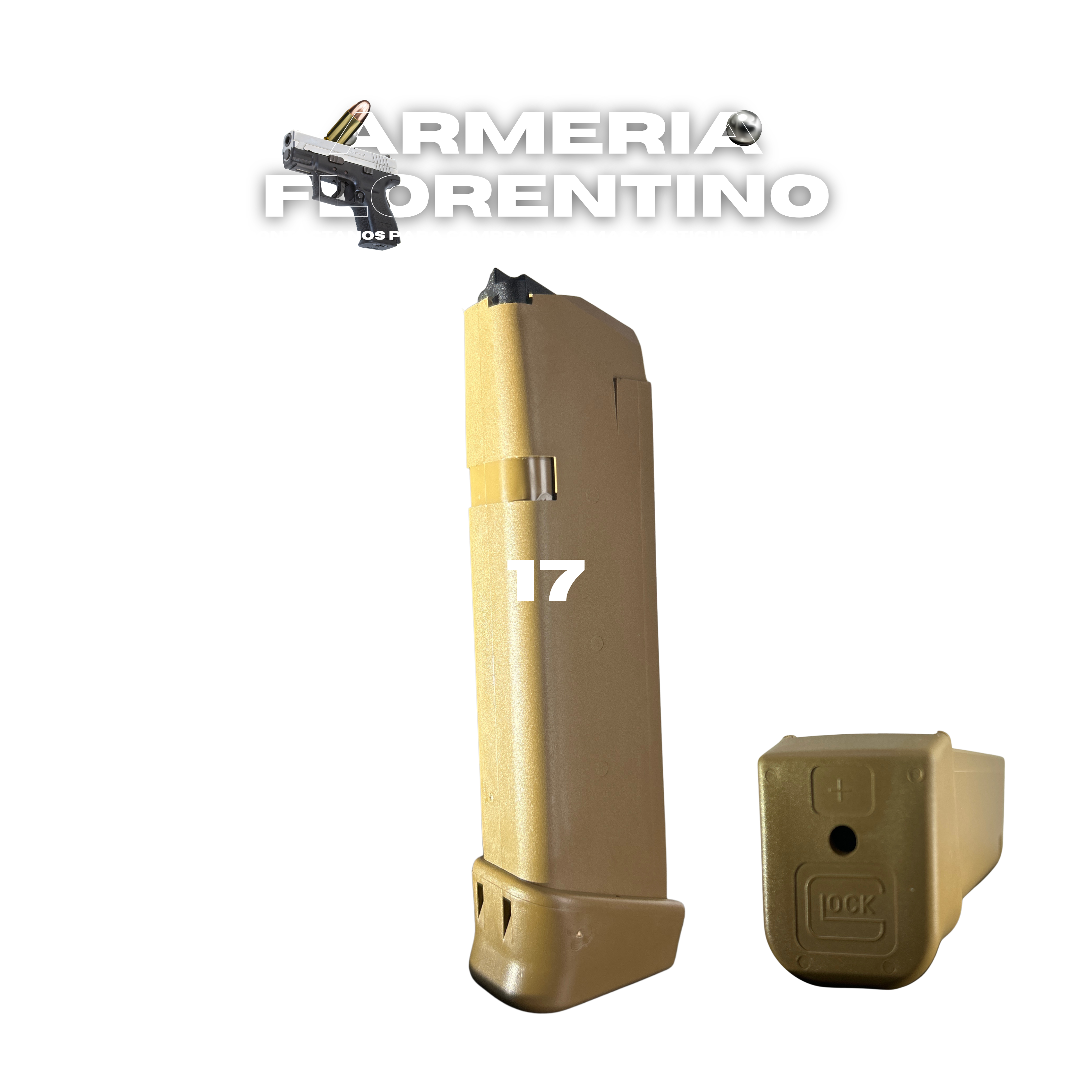 CARGADOR PARA PISTOLA GLOCK 17 COLOR CREAM CON EXTENSIÓN +2 – 19 CÁPSULAS – CALIBRE 9MM