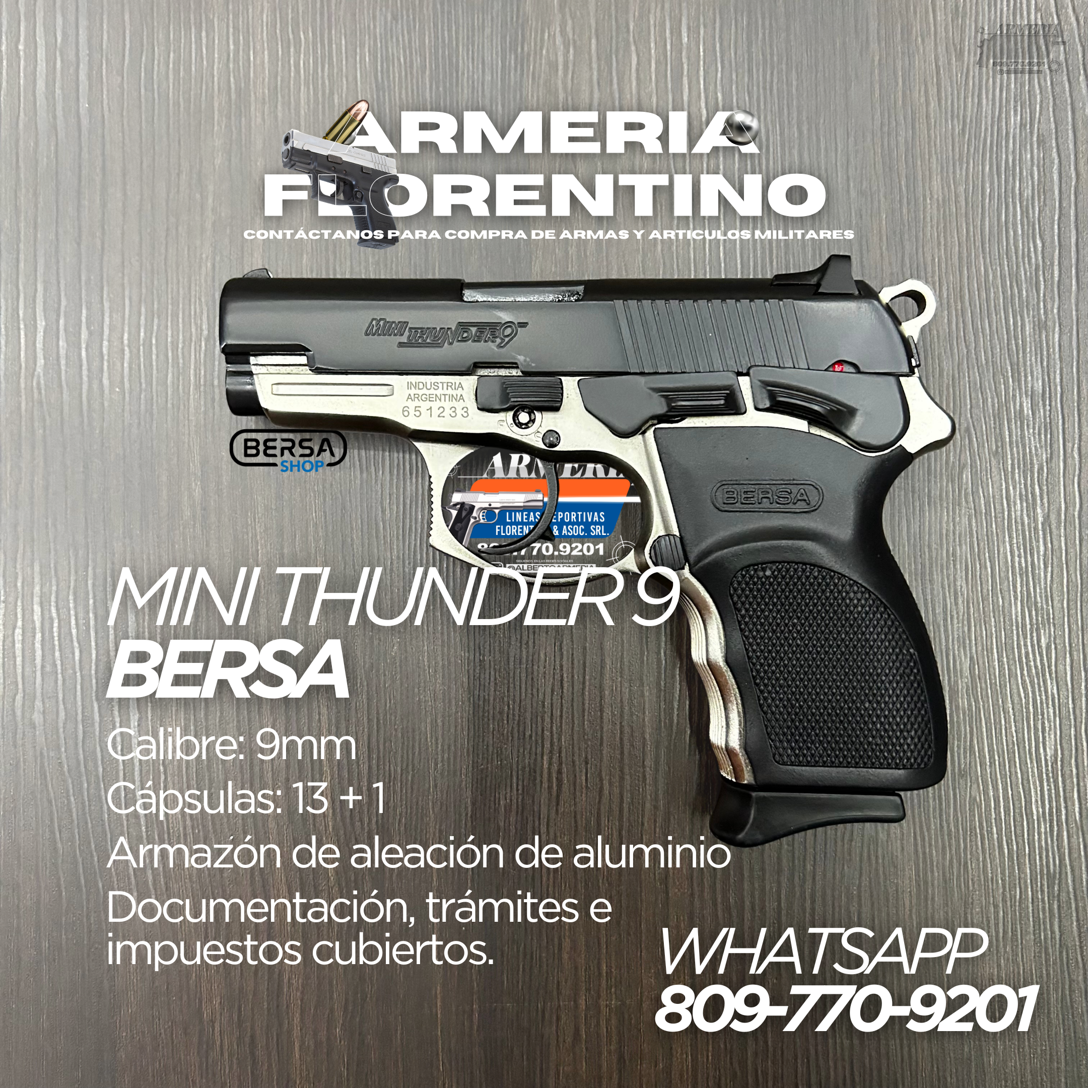 PISTOLA BERSA, MODELO MINI THUNDER 9, CALIBRE 9MM, CAPSULAS: 13 + 1
