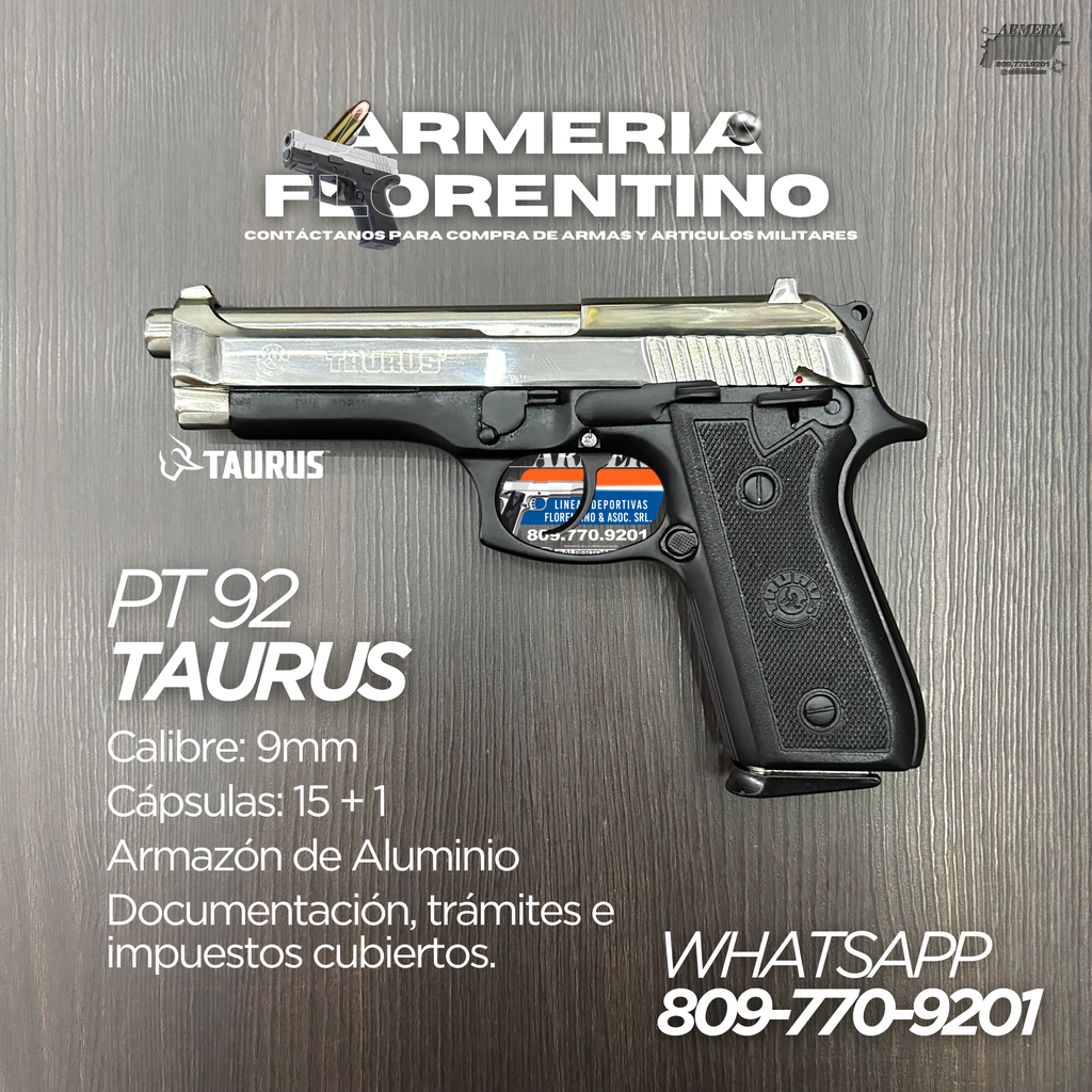 PISTOLA TAURUS, MODELO PT-92, CALIBRE 9MM, CAPSULAS: 15 + 1
