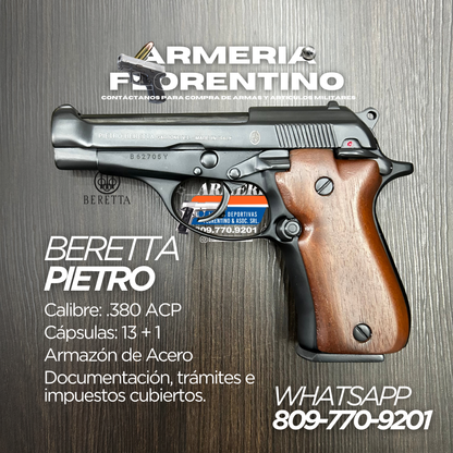 PISTOLA PIETRO BERETTA, MODELO .380 ACP, CALIBRE .380 ACP, CAPSULAS: 13 + 1