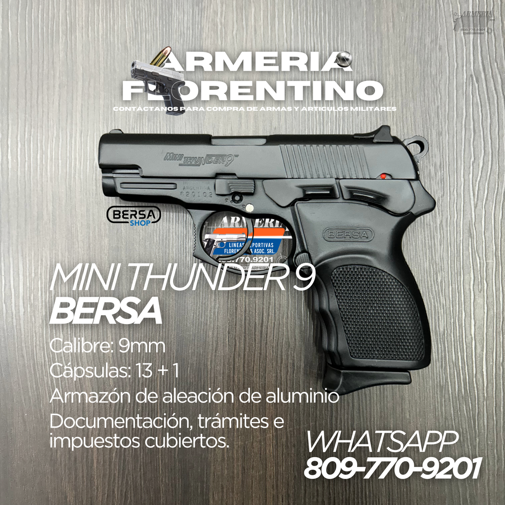 PISTOLA BERSA, MODELO MINI THUNDER 9, CALIBRE 9MM, CAPSULAS: 13 + 1