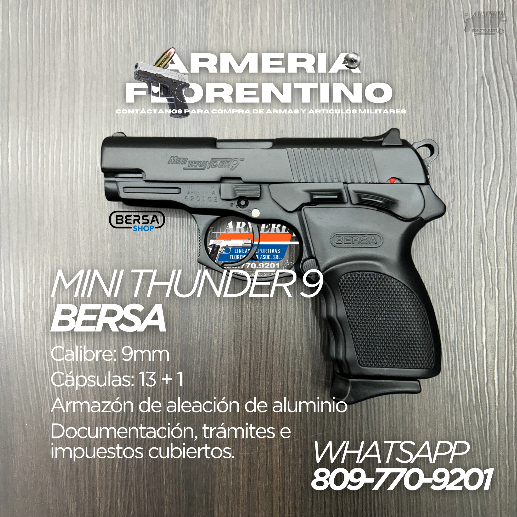 PISTOLA BERSA, MODELO MINI THUNDER 9, CALIBRE 9MM, CAPSULAS: 13 + 1