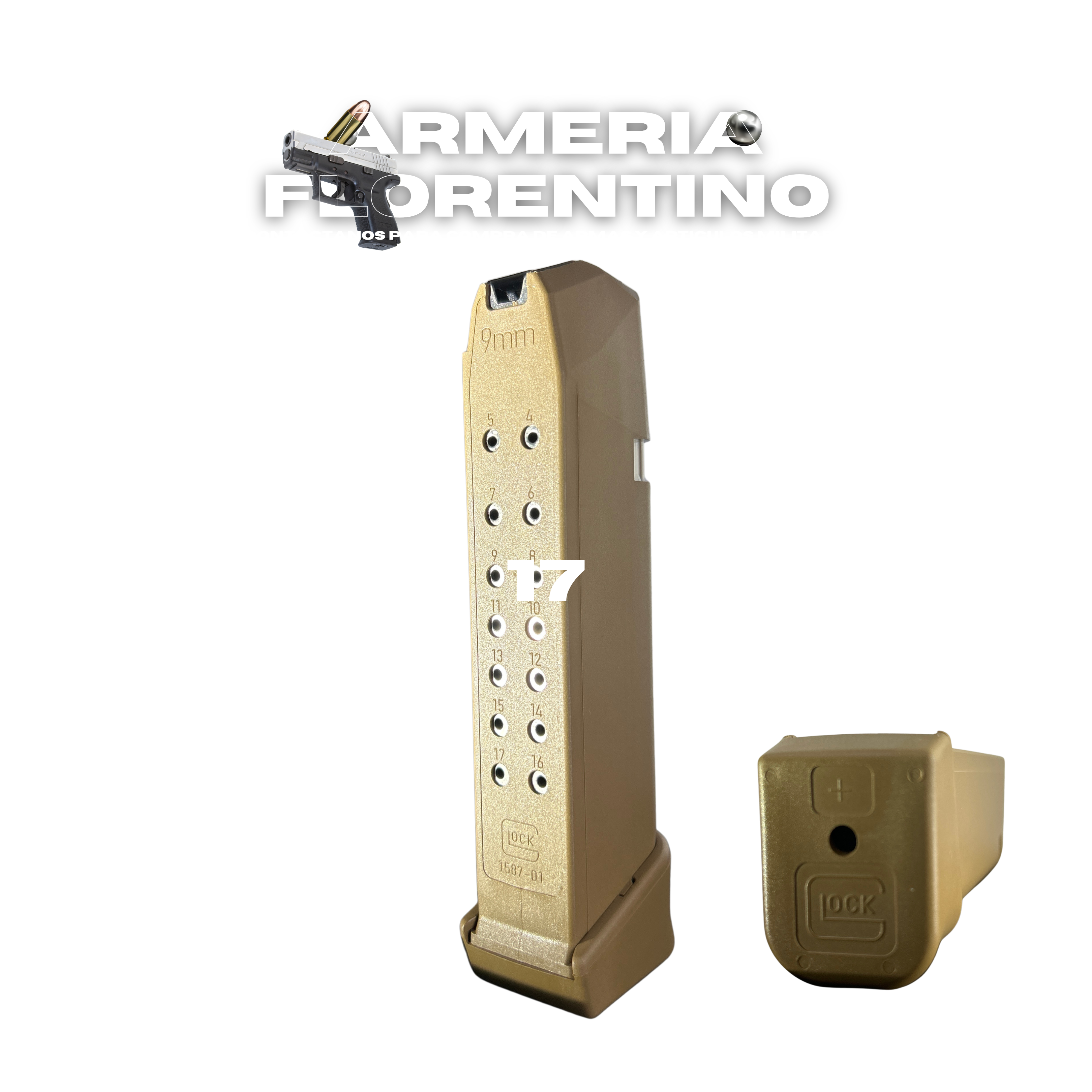 CARGADOR PARA PISTOLA GLOCK 17 COLOR CREAM CON EXTENSIÓN +2 – 19 CÁPSULAS – CALIBRE 9MM