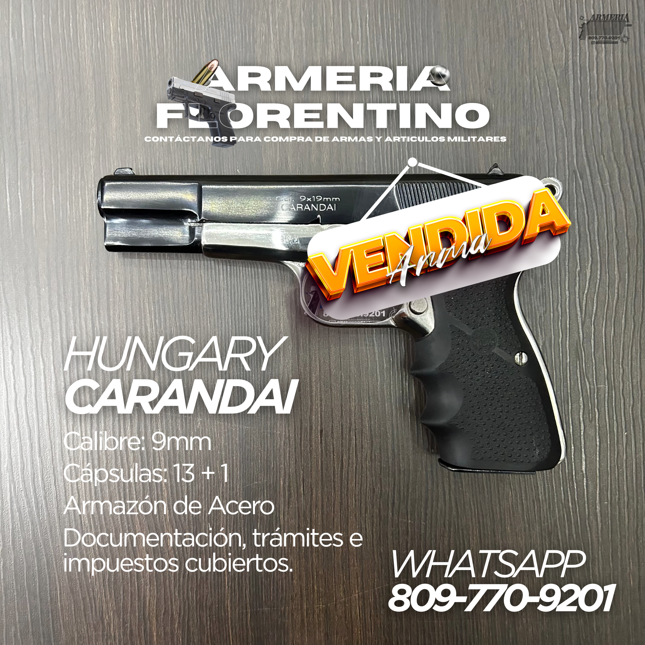 PISTOLA CARANDAI, MODELO 9MM, CAPSULAS: 13 + 1