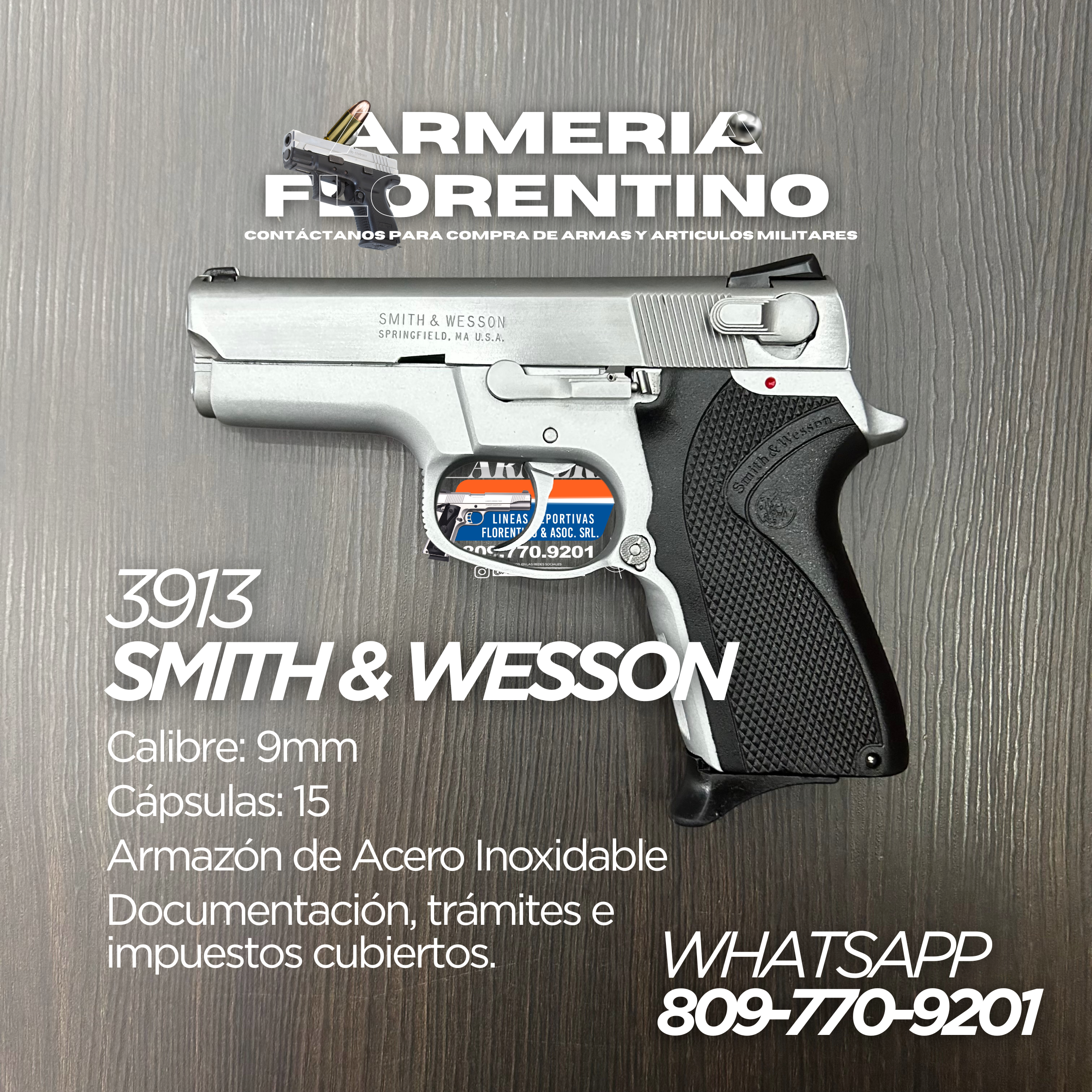PISTOLA SMITH & WESSON, MODELO 3913, CALIBRE 9MM, CAPSULAS: 8 + 1