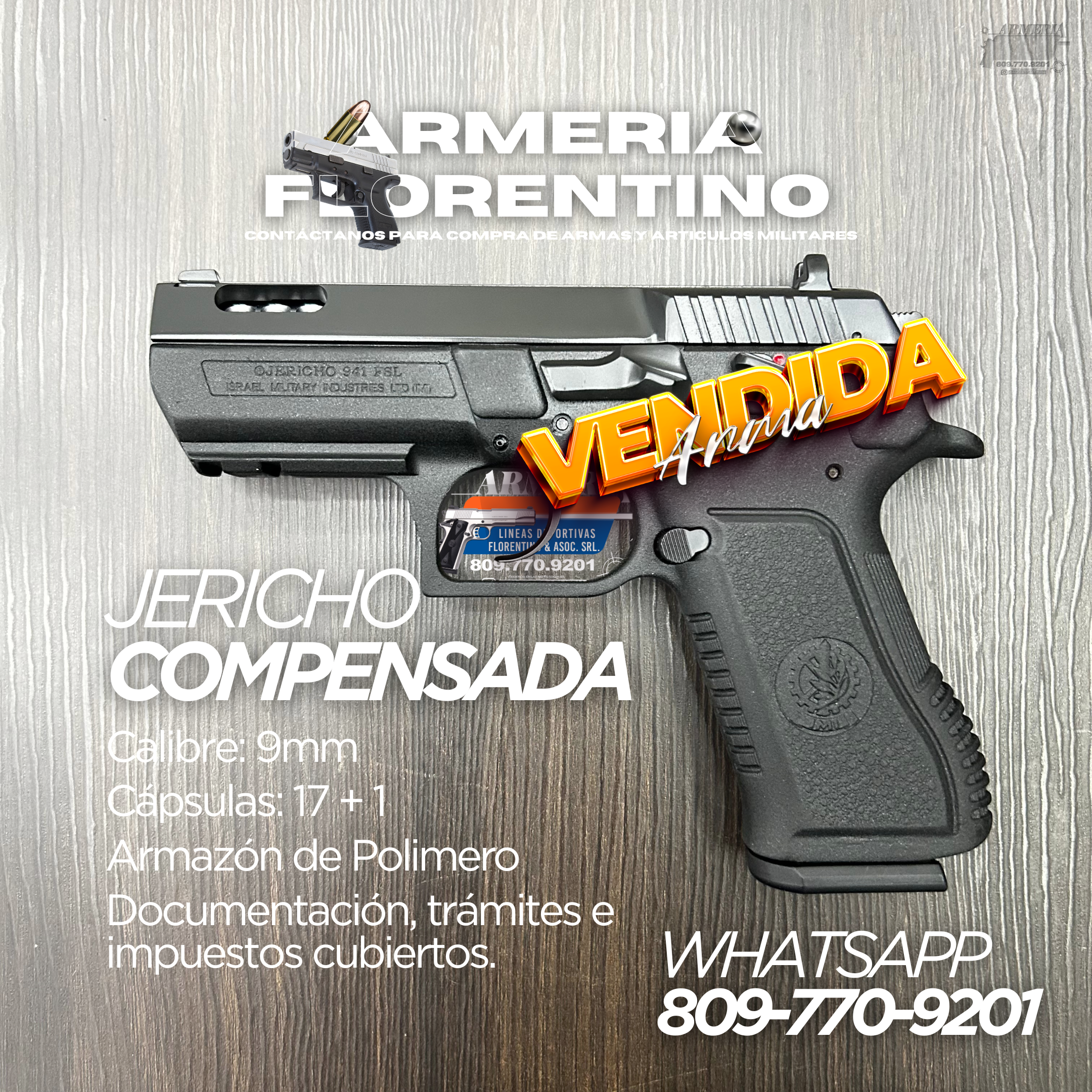 PISTOLA JERICHO, MODELO COMPENSADA, CALIBRE 9MM, CAPSULAS: 15 + 1