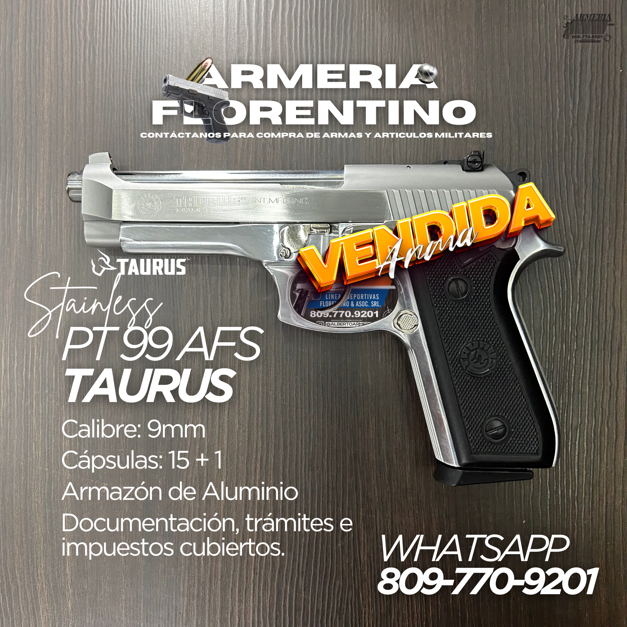 PISTOLA TAURUS, MODELO PT-92, CALIBRE 9MM, CAPSULAS: 15 + 1