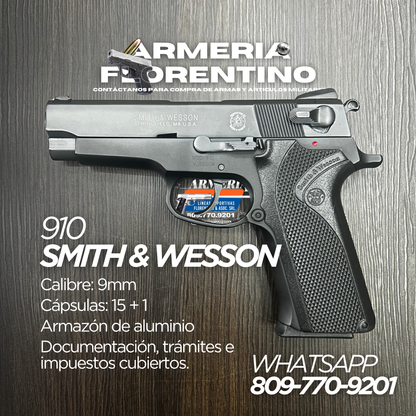 PISTOLA SMITH & WESSON, MODELO 910, CALIBRE 9MM, CAPSULAS: 15 + 1