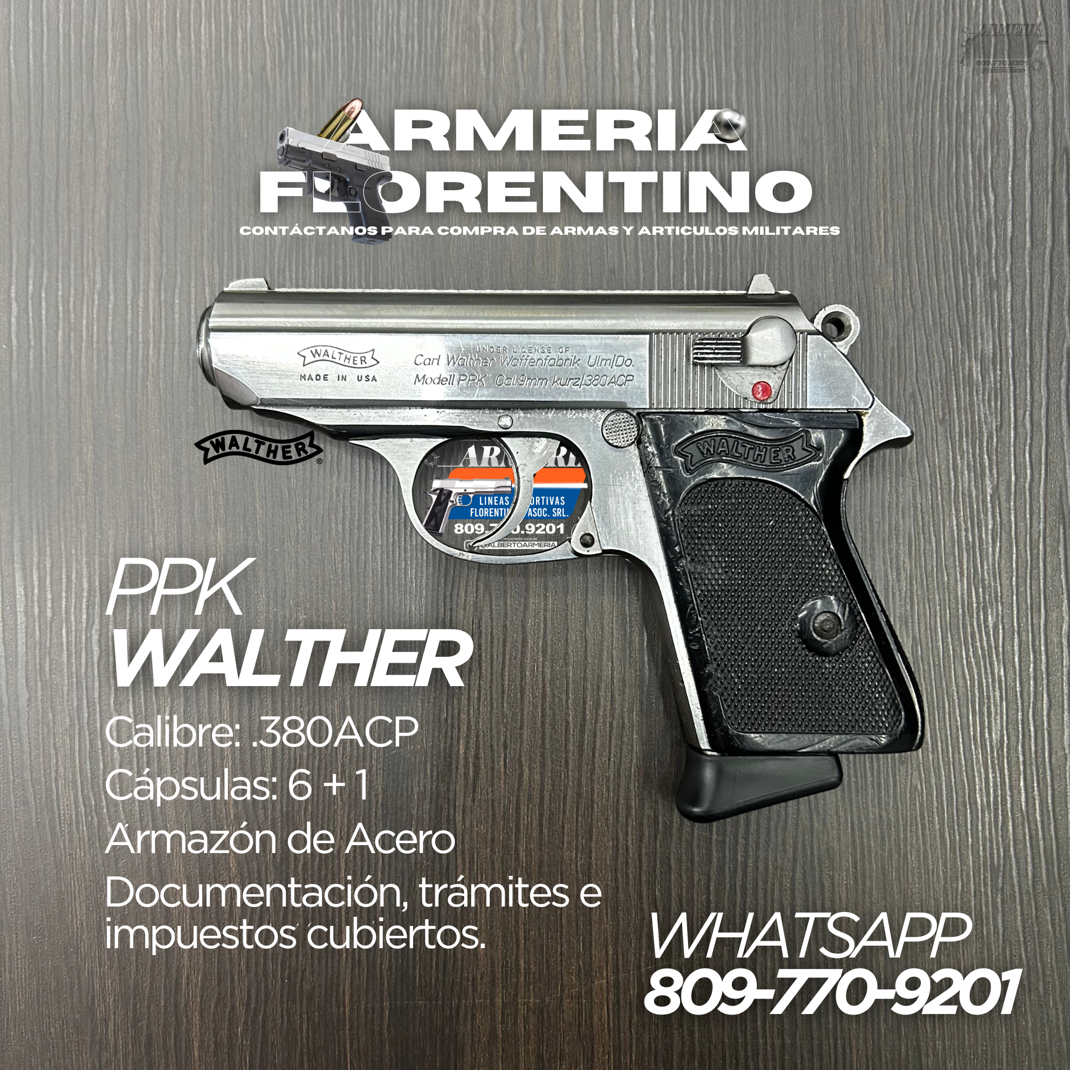 PISTOLA WALTHER, MODELO PPK, CALIBRE .380 ACP, CAPSULAS: 7 + 1