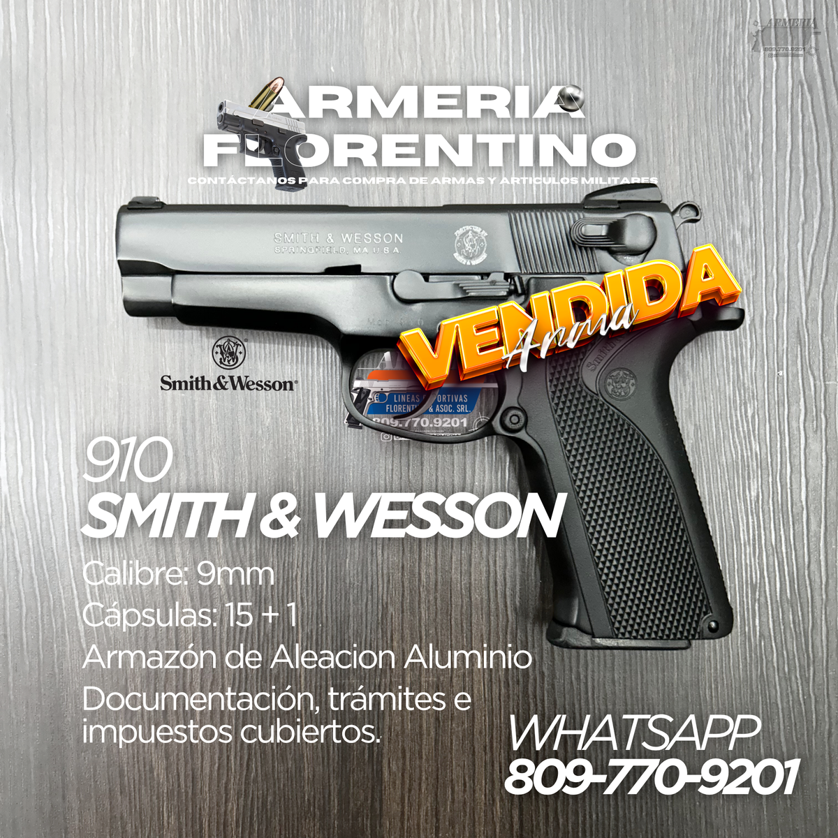 PISTOLA SMITH & WESSON, MODELO 910, CALIBRE 9MM, CAPSULAS: 15 + 1