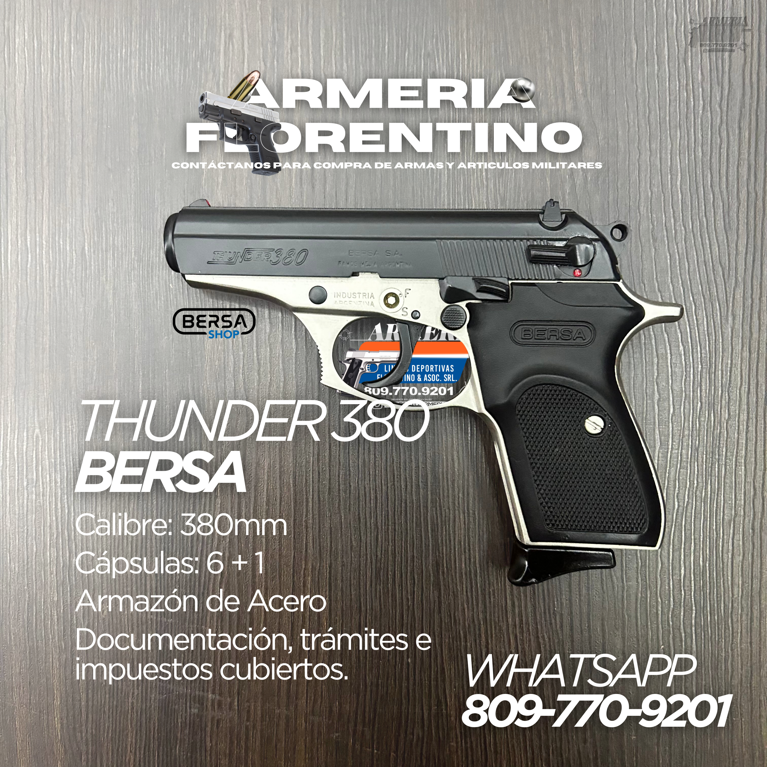 PISTOLA BERSA, MODELO THUNDER, CALIBRE .380 ACP, CAPSULAS: 7 + 1