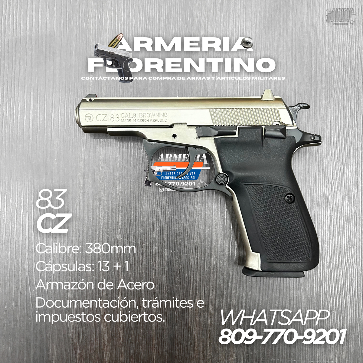 PISTOLA CZ, MODELO 83, CALIBRE .380 ACP, CAPSULAS: 12 + 1