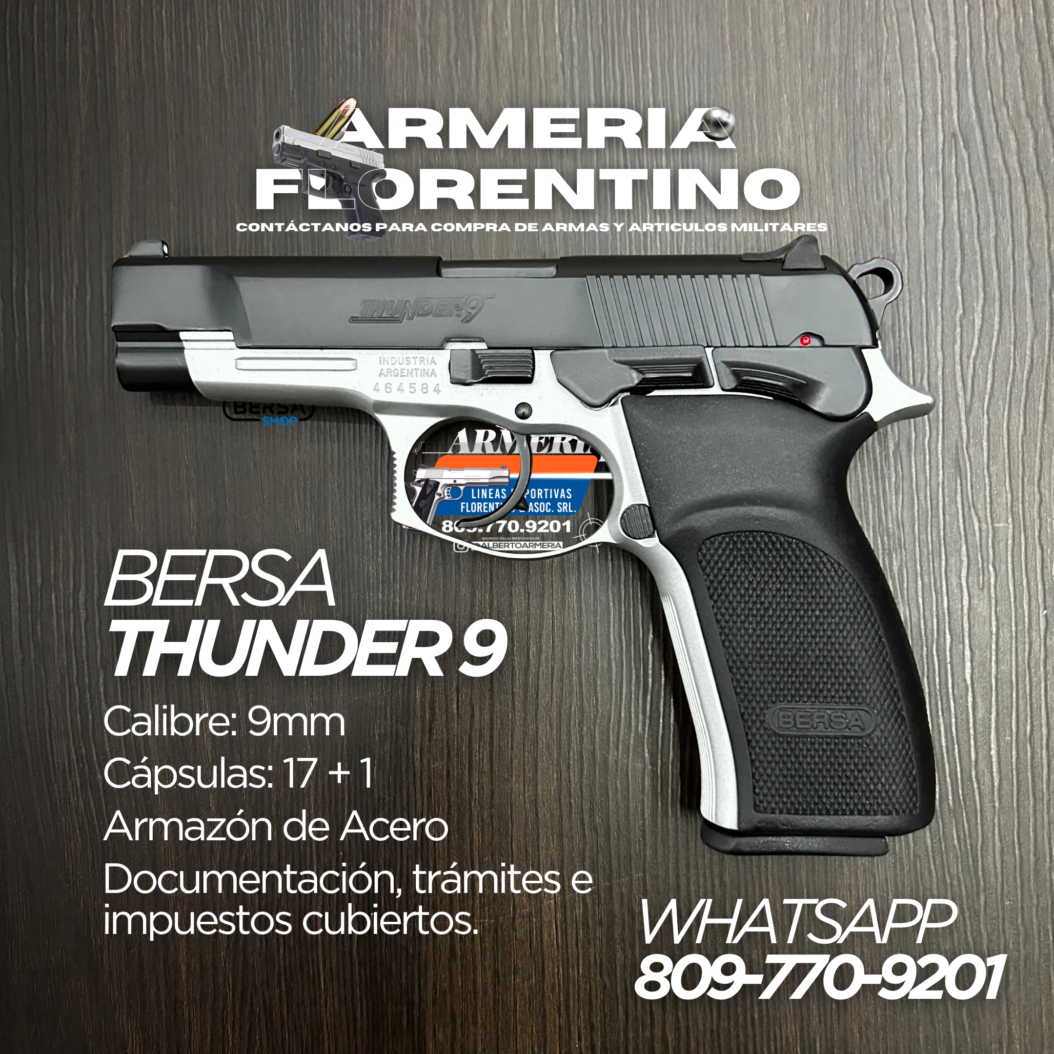 PISTOLA BERSA, MODELO THUNDER 9, CALIBRE 9MM, CAPSULAS: 17 + 1