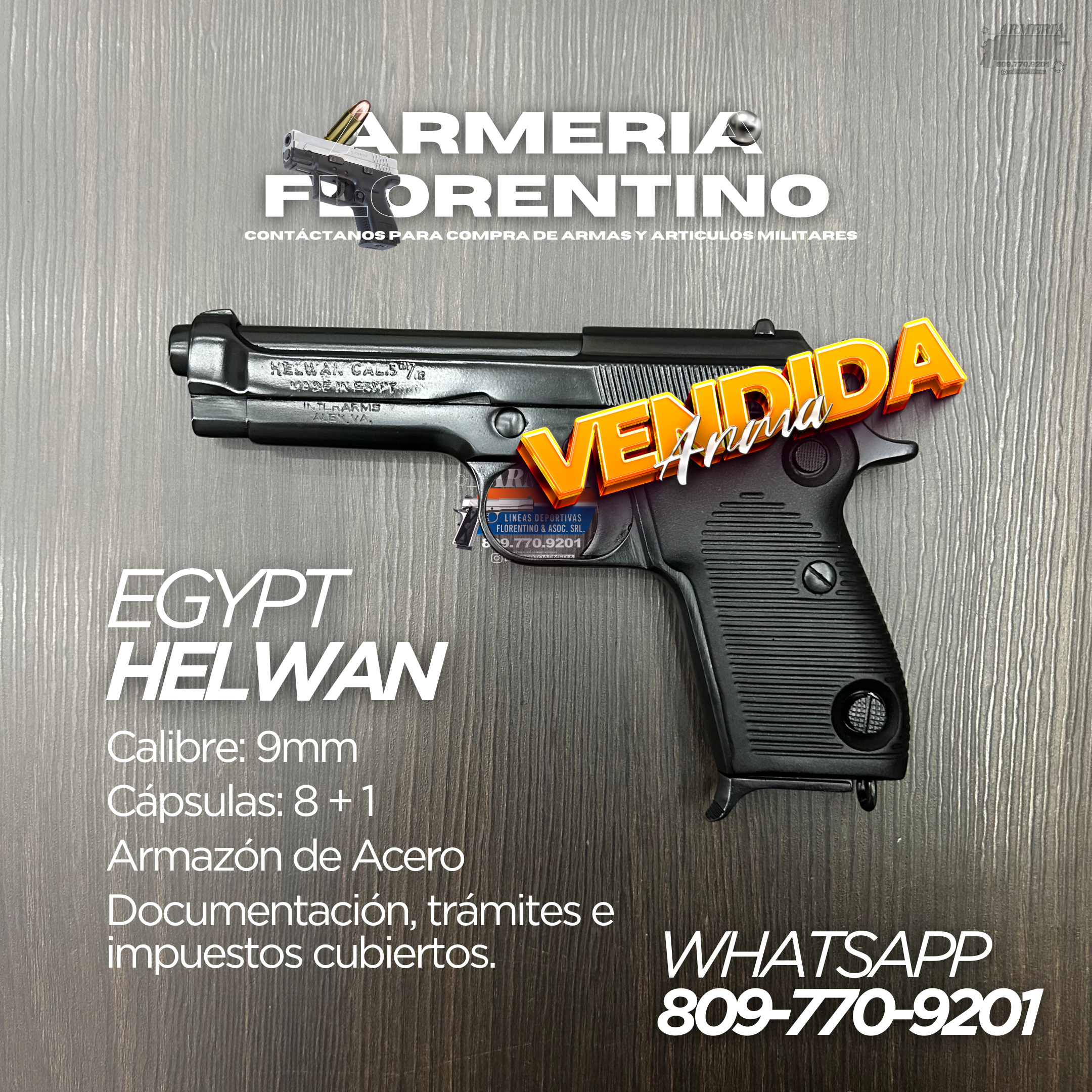 PISTOLA HELWAN, MODELO BRIGADIER, CALIBRE 9MM, CAPSULAS: 8 + 1