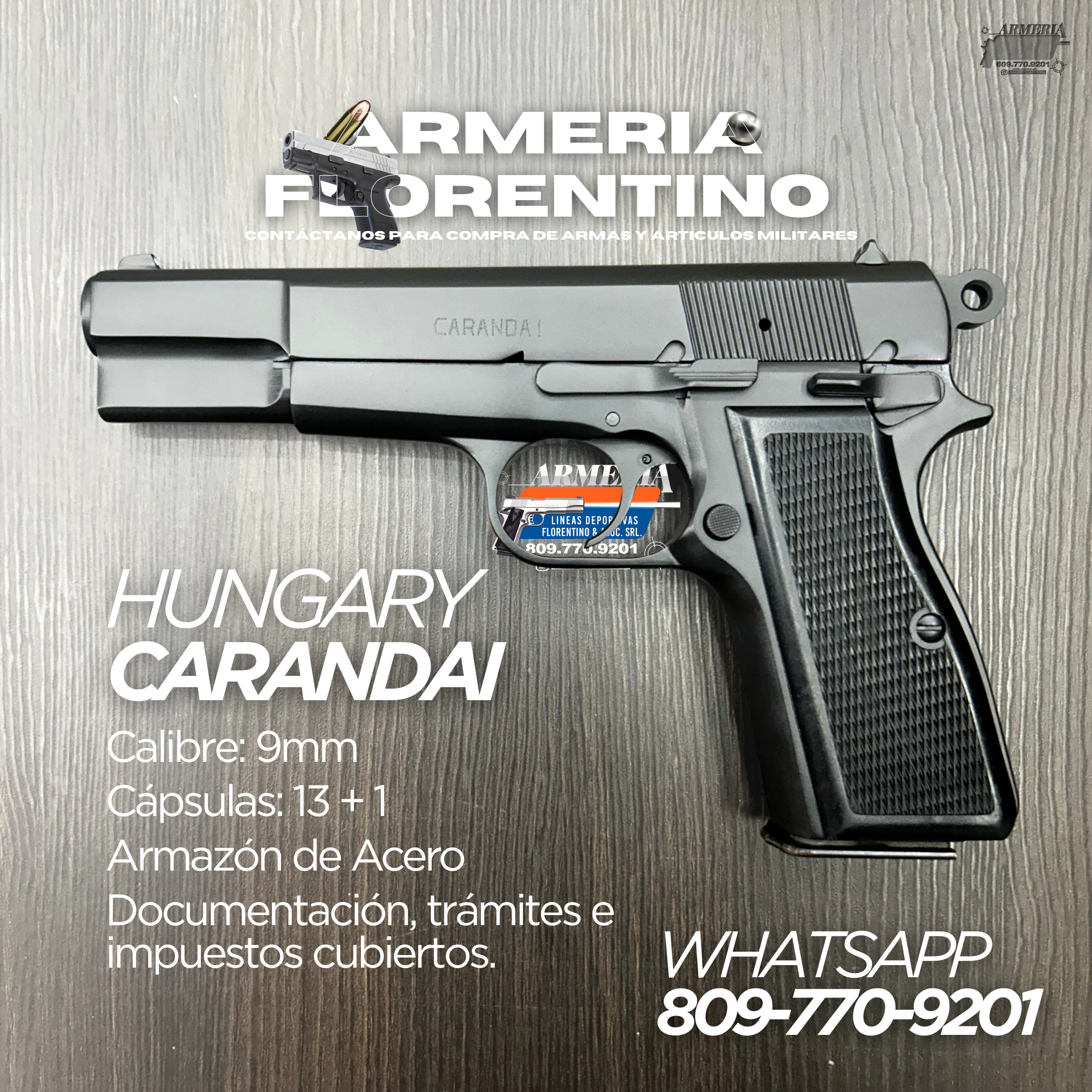 PISTOLA CARANDAI HUNGARY, CALIBRE 9MM, CAPSULAS: 13 + 1