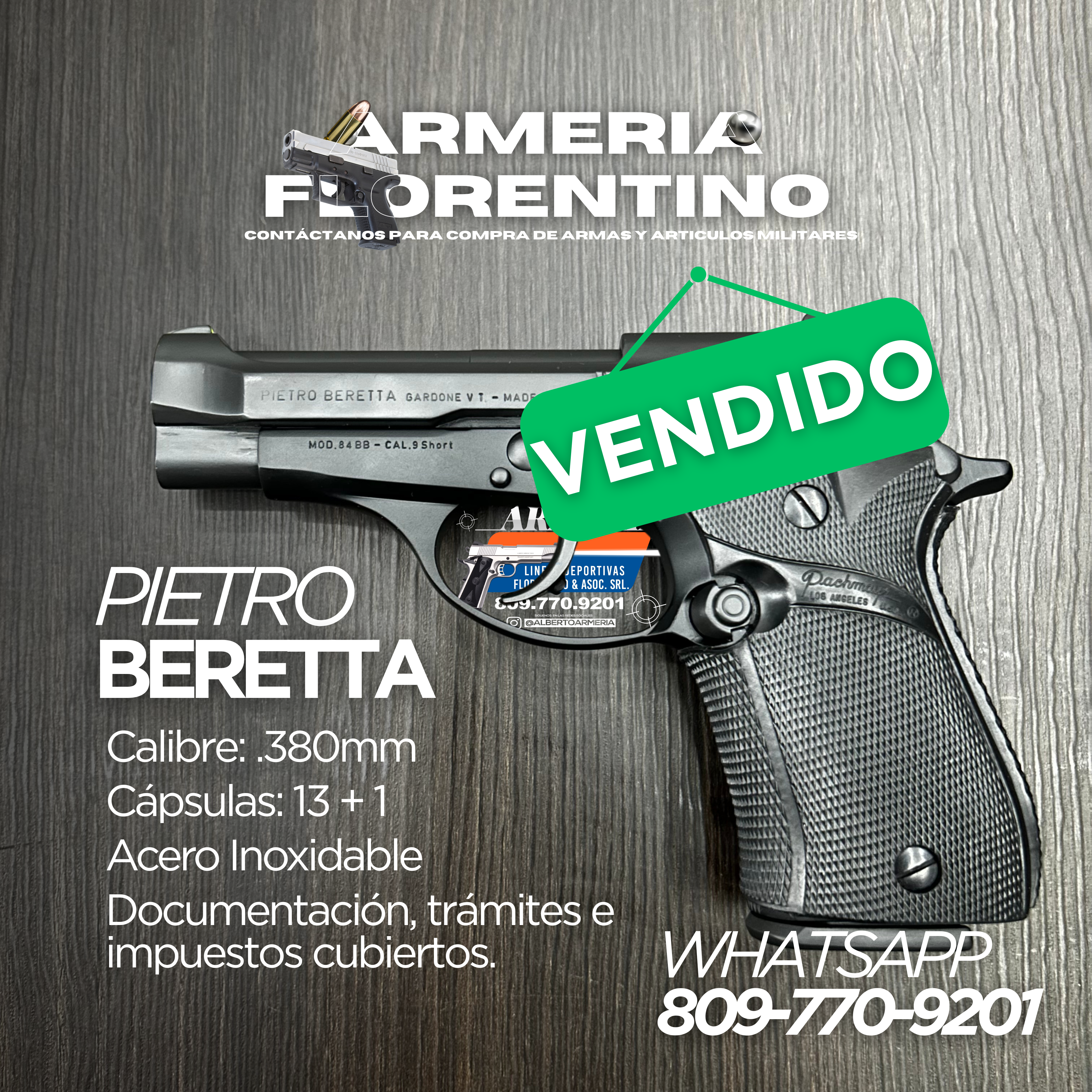 PISTOLA PIETRO BERETTA, MODELO 84BB, CALIBRE: ACP .380MM, CAPSULAS 13 + 1