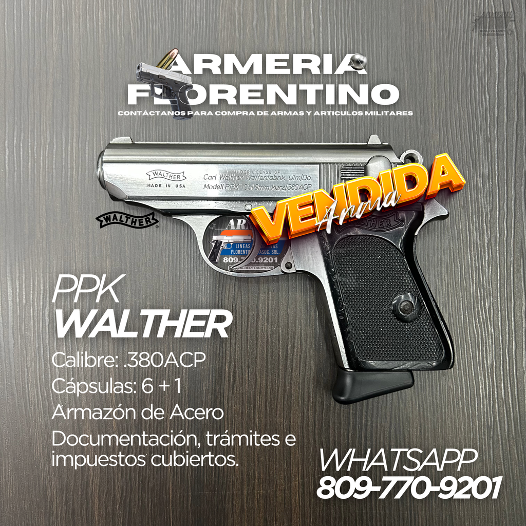 PISTOLA WALTHER, MODELO PPK, CALIBRE .380 ACP, CAPSULAS: 7 + 1