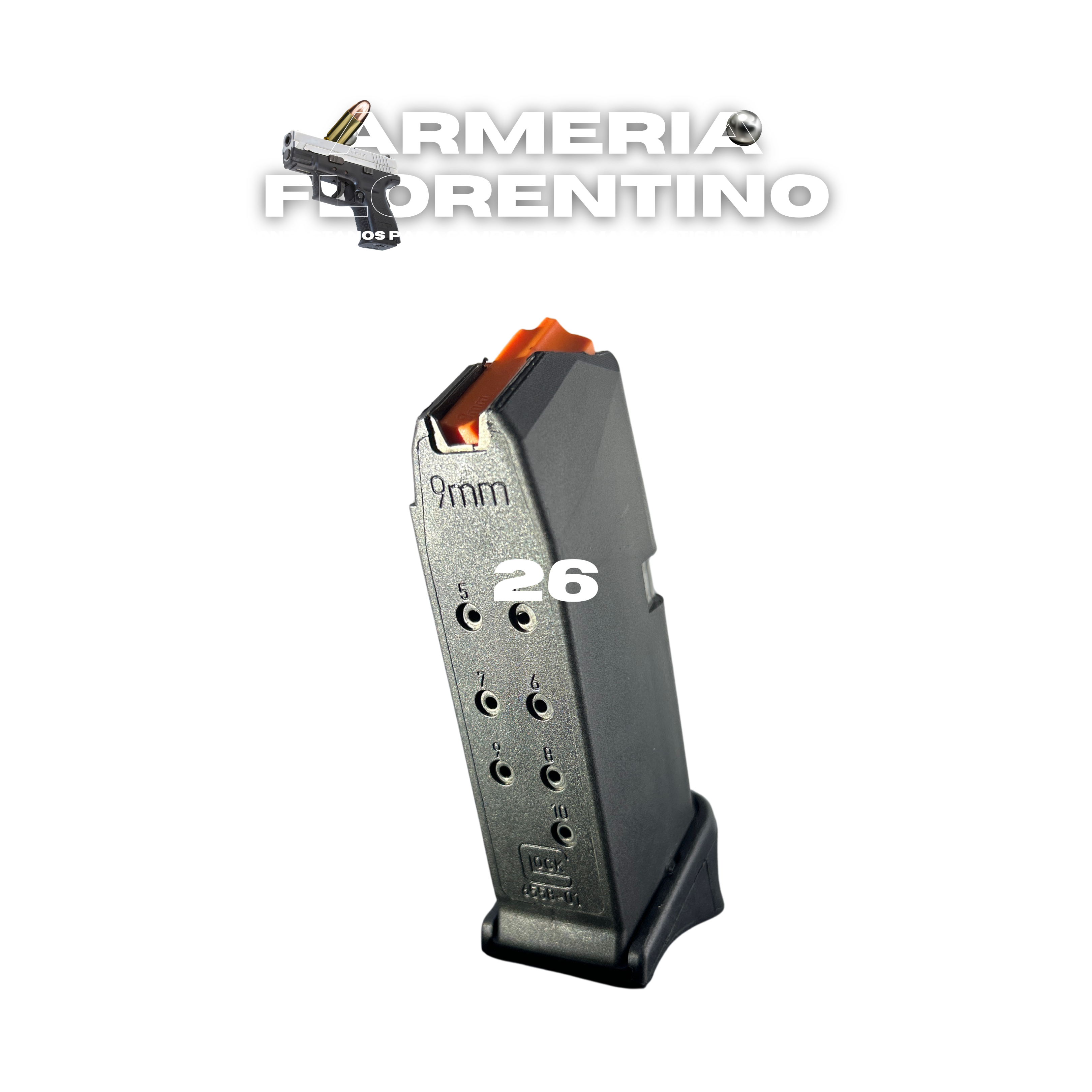CARGADOR PARA PISTOLA GLOCK 26 DE 10 CÁPSULAS CON SOPORTE PARA DEDO – CALIBRE 9MM