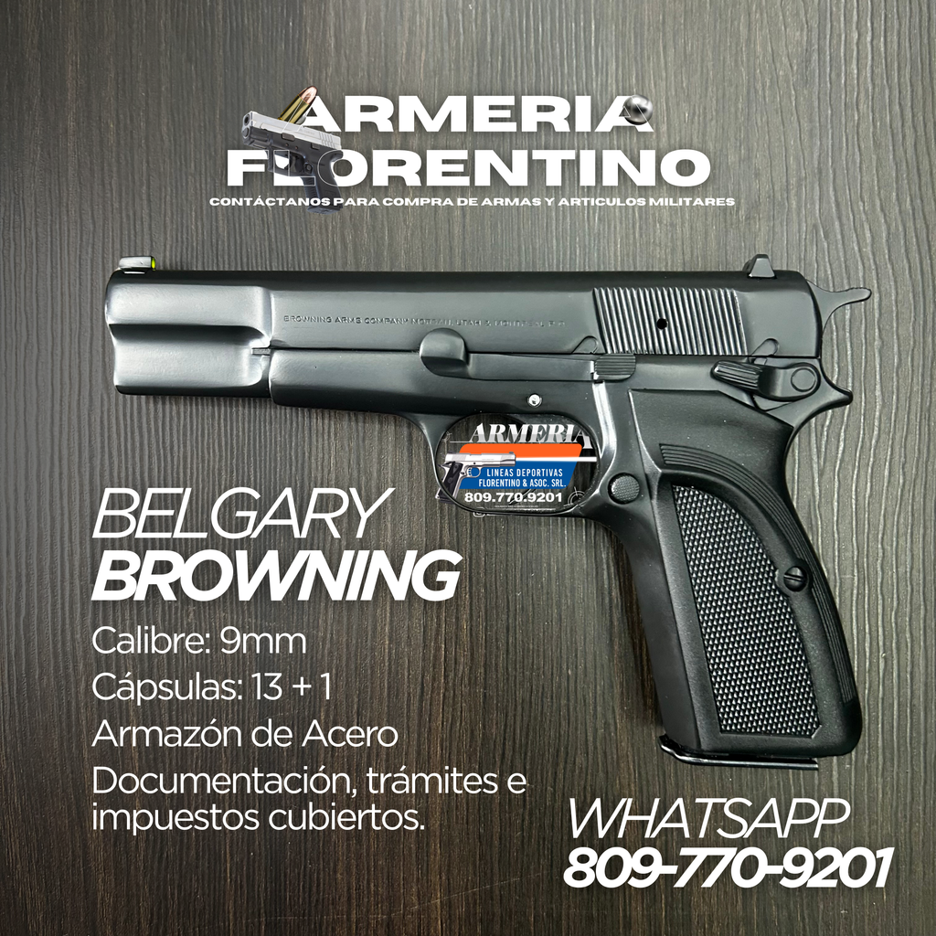 PISTOLA BROWNING, MODELO HI-POWER, CALIBRE 9MM, CAPSULAS: 13 + 1