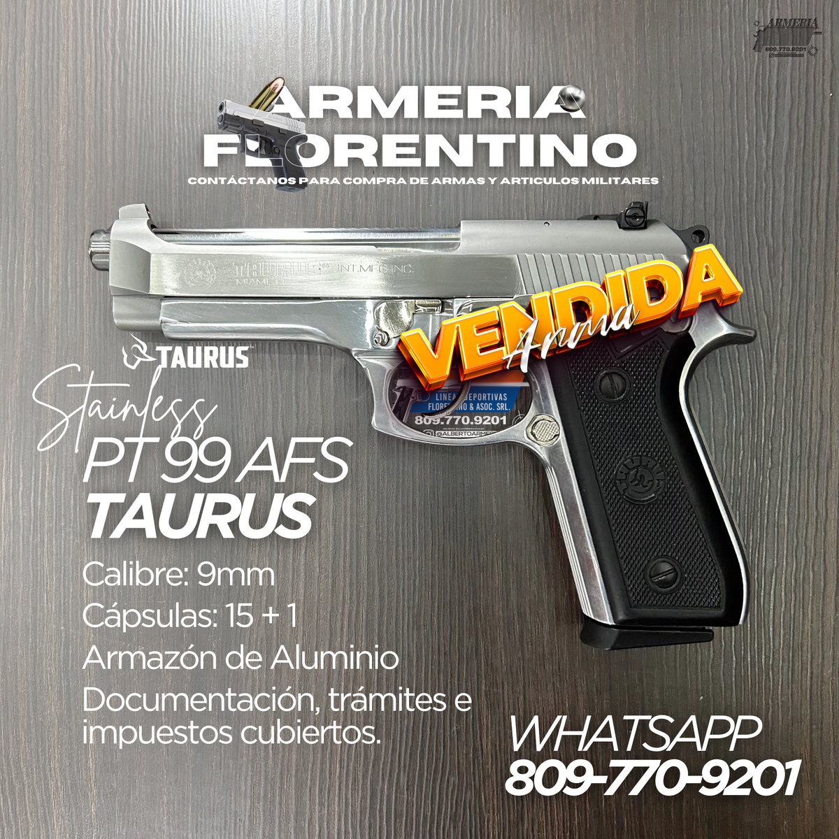 PISTOLA TAURUS, MODELO PT-99 FS, CALIBRE 9MM, CAPSULAS: 15 + 1