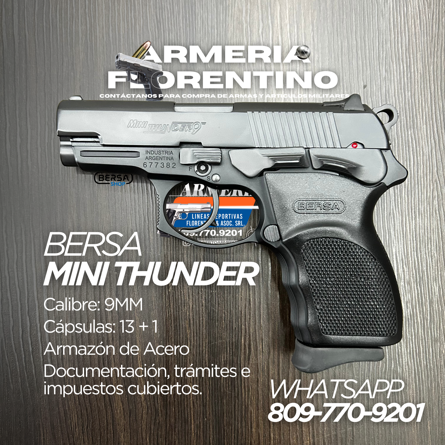 PISTOLA BERSA, MODELO MINI THUNDER 9, CALIBRE 9MM, CAPSULAS: 13 + 1