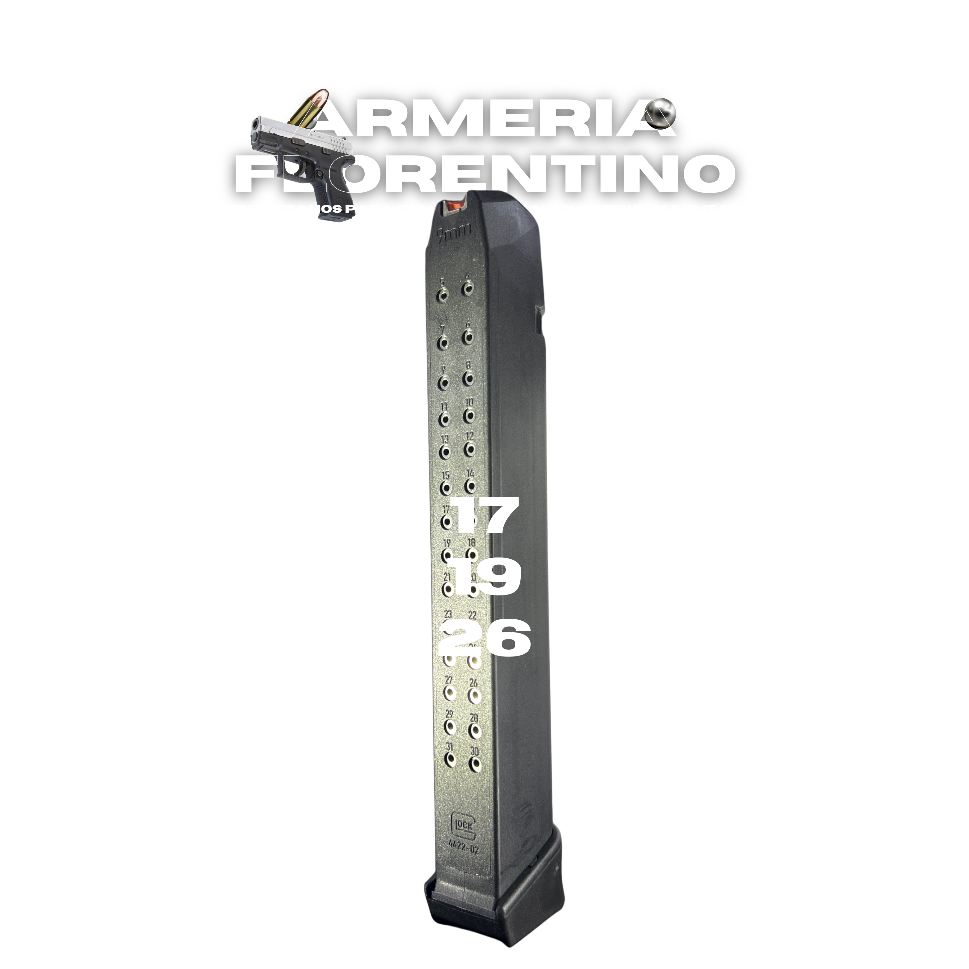 CARGADOR PARA GLOCK DE 32 CÁPSULAS CON EXTENSIÓN +2 – CALIBRE 9MM