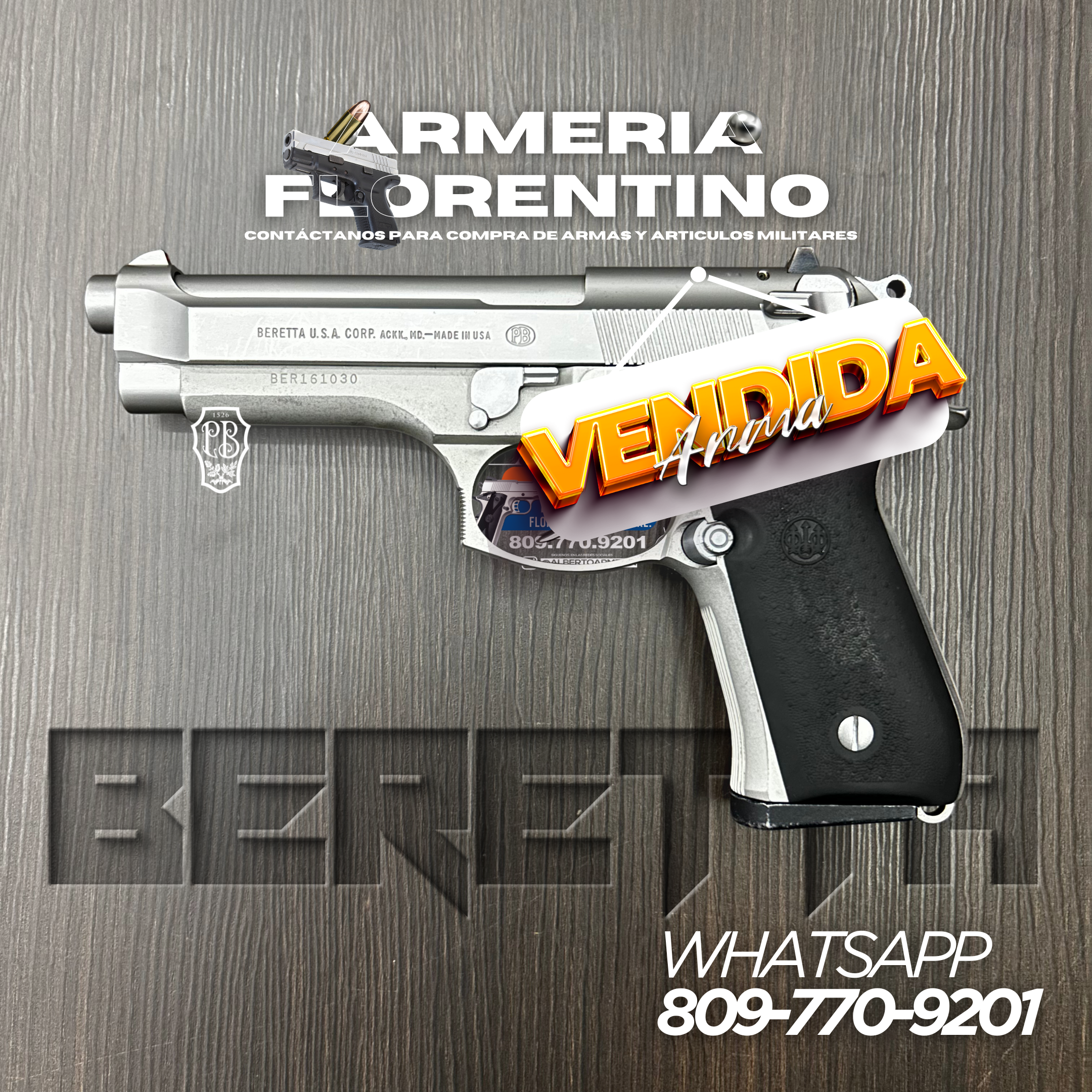 PISTOLA PIETRO BERETTA, MODELO 92FS, CALIBRE 9MM, CAPSULAS: 15 + 1