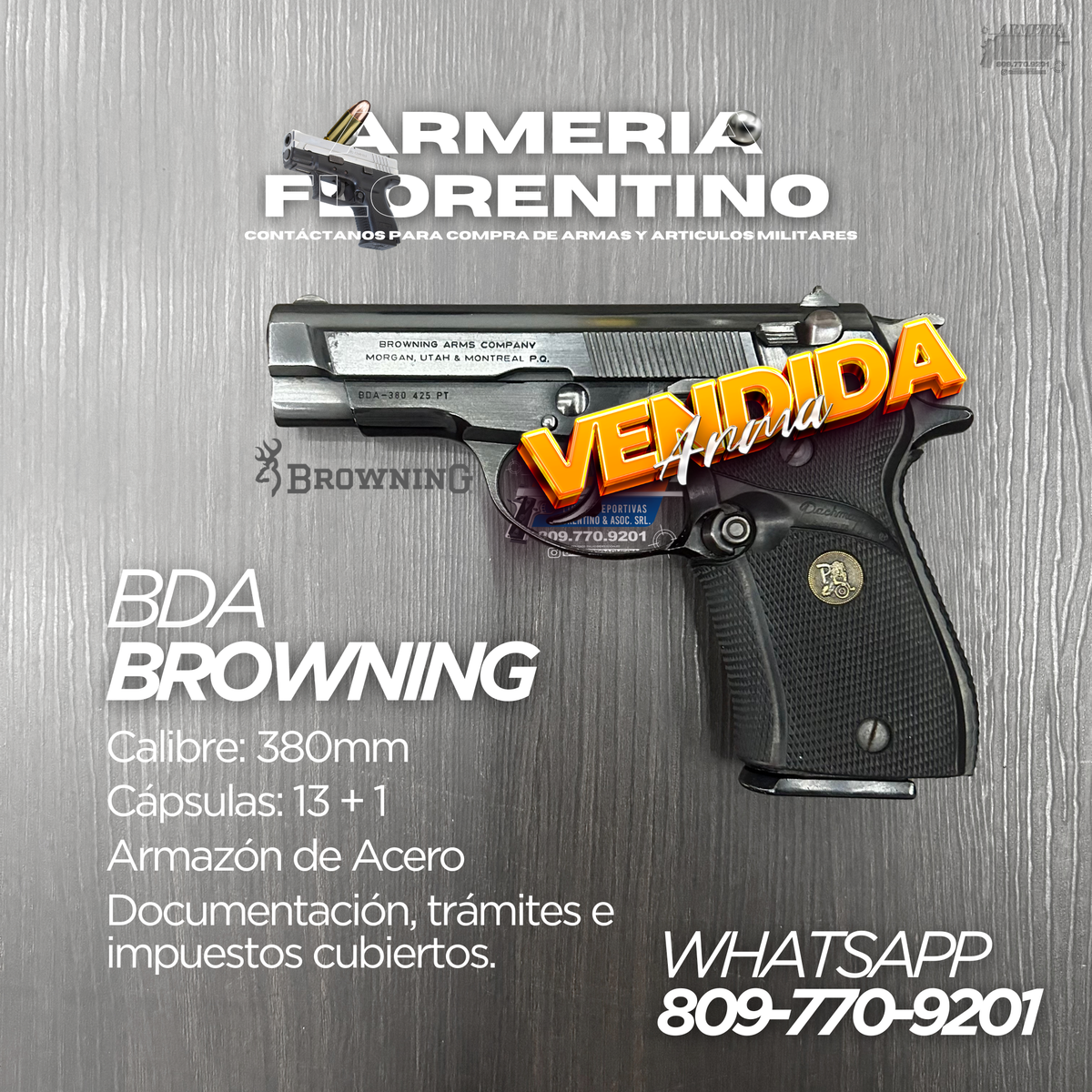 PISTOLA BROWNING, MODELO BDA 380, CALIBRE .380 ACP, CAPSULAS: 13 + 1