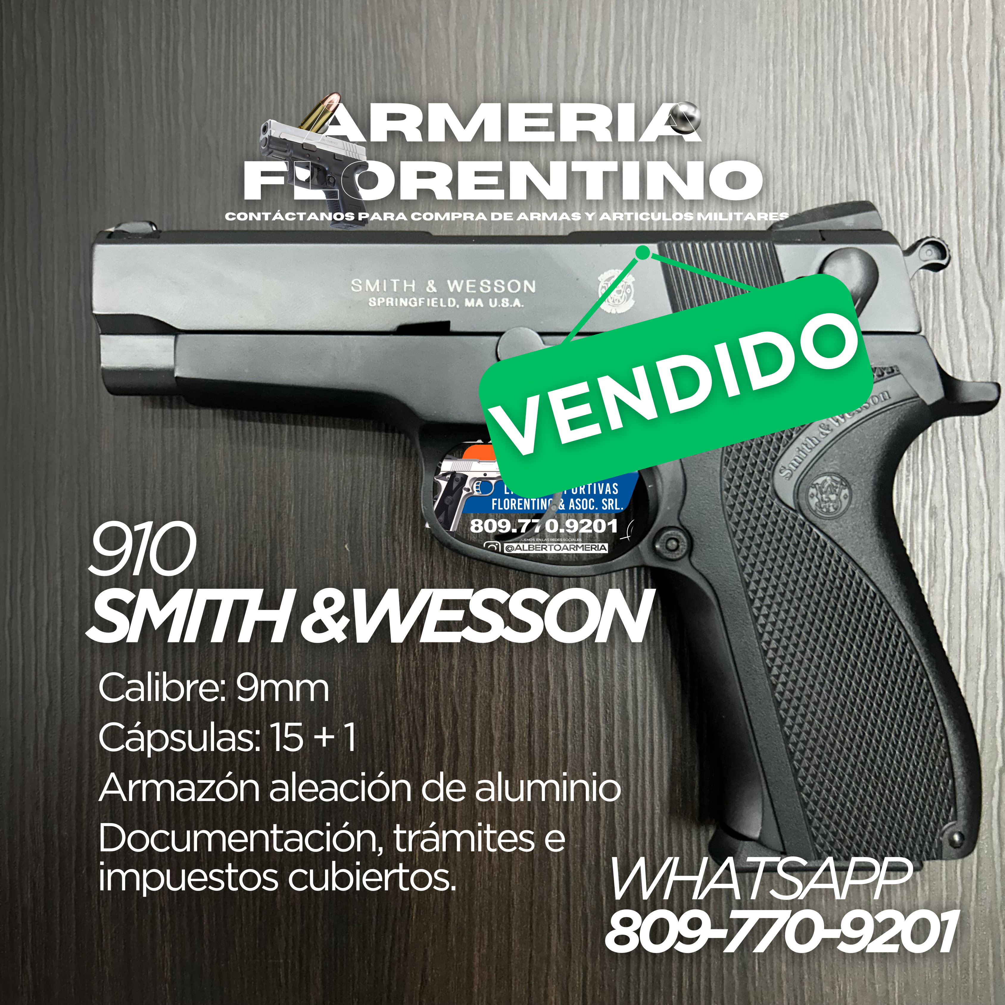 PISTOLA SMITH & WESSON, MODELO 910, CALIBRE 9MM, CAPSULAS: 15 + 1