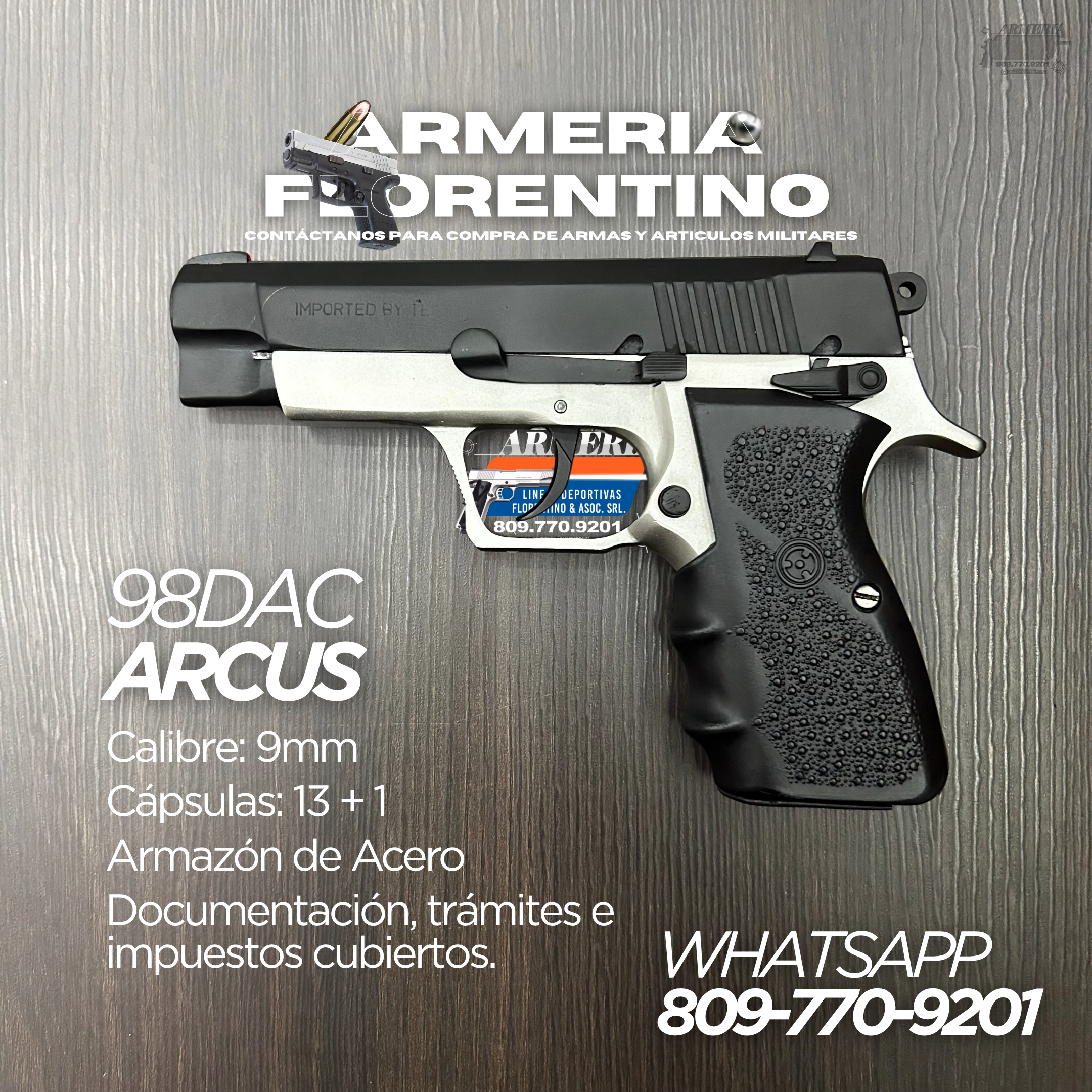 PISTOLA ARCUS, MODELO 98DAC, CALIBRE 9MM, CAPSULAS: 13 + 1