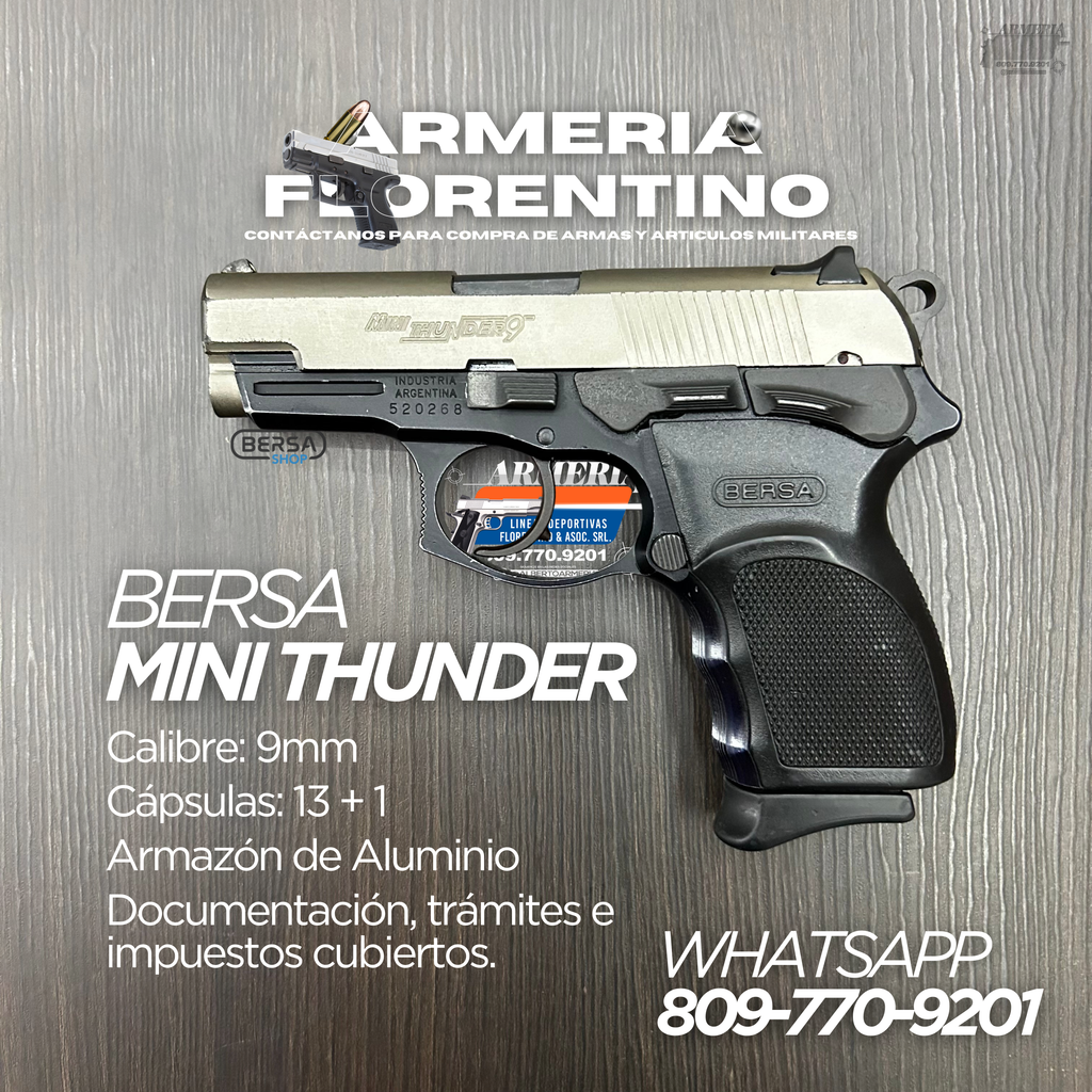 PISTOLA BERSA, MODELO MINI THUNDER 9, CALIBRE 9MM, CAPSULAS: 13 + 1