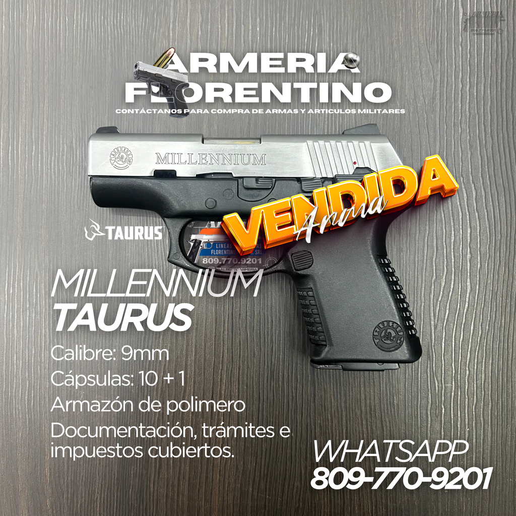 PISTOLA TAURUS, MODELO MILLENNIUM PT111, CALIBRE 9MM, CAPSULAS: 10 + 1