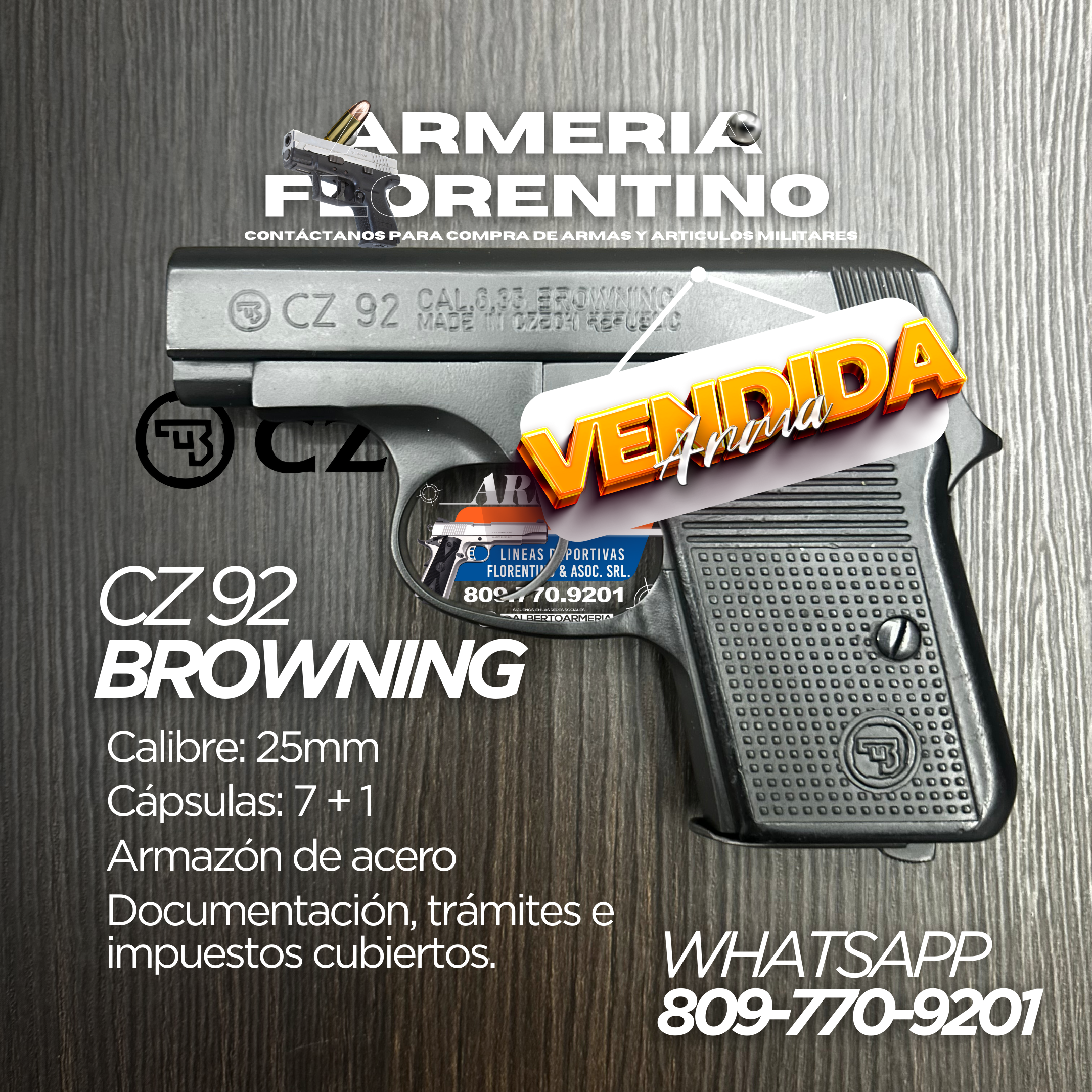 PISTOLA BROWNING, MODELO CZ 92, CALIBRE 6.25MM, CAPSULAS 8 + 1