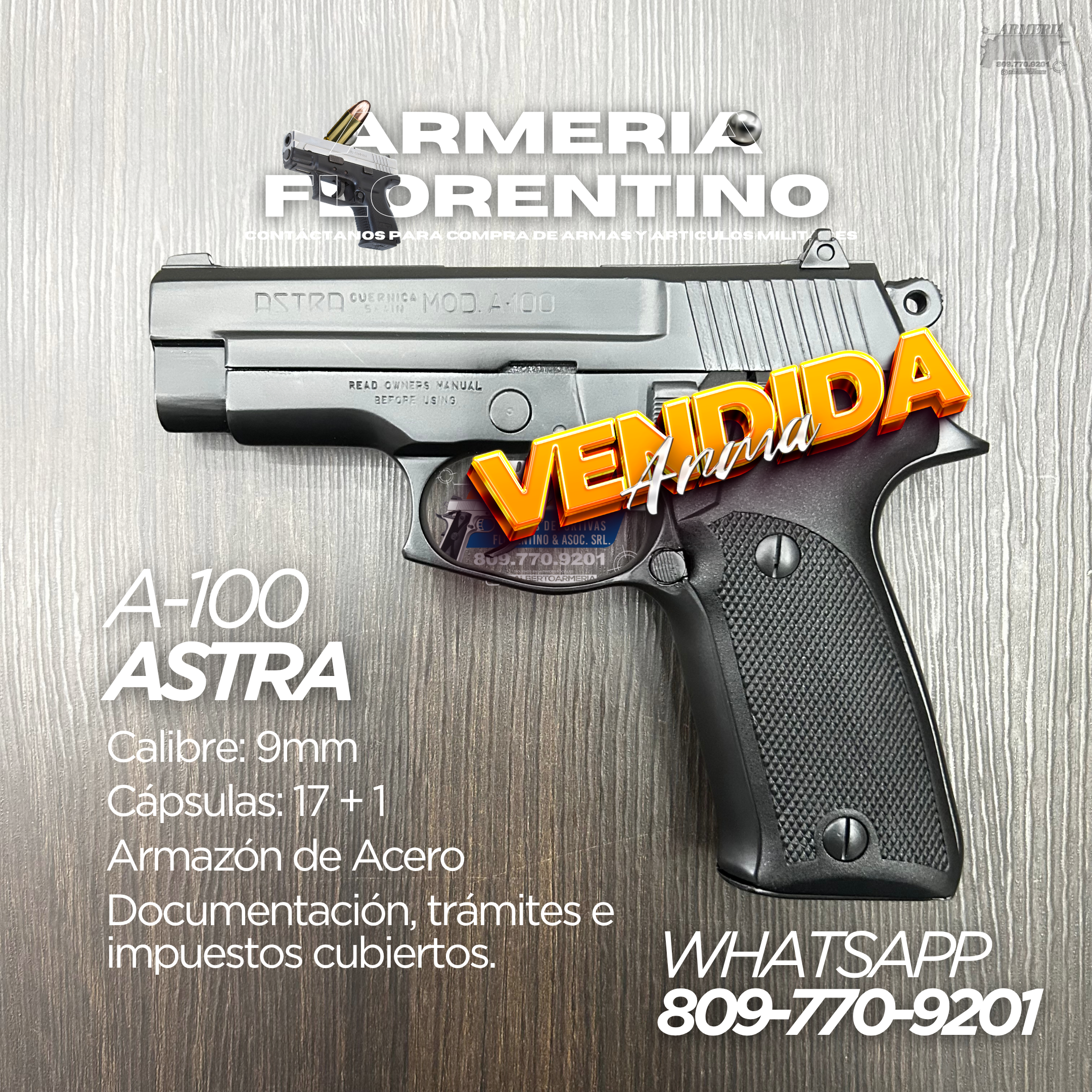 PISTOLA ASTRA, MODELO A-100, CALIBRE 9MM, CAPSULAS: 15 + 1