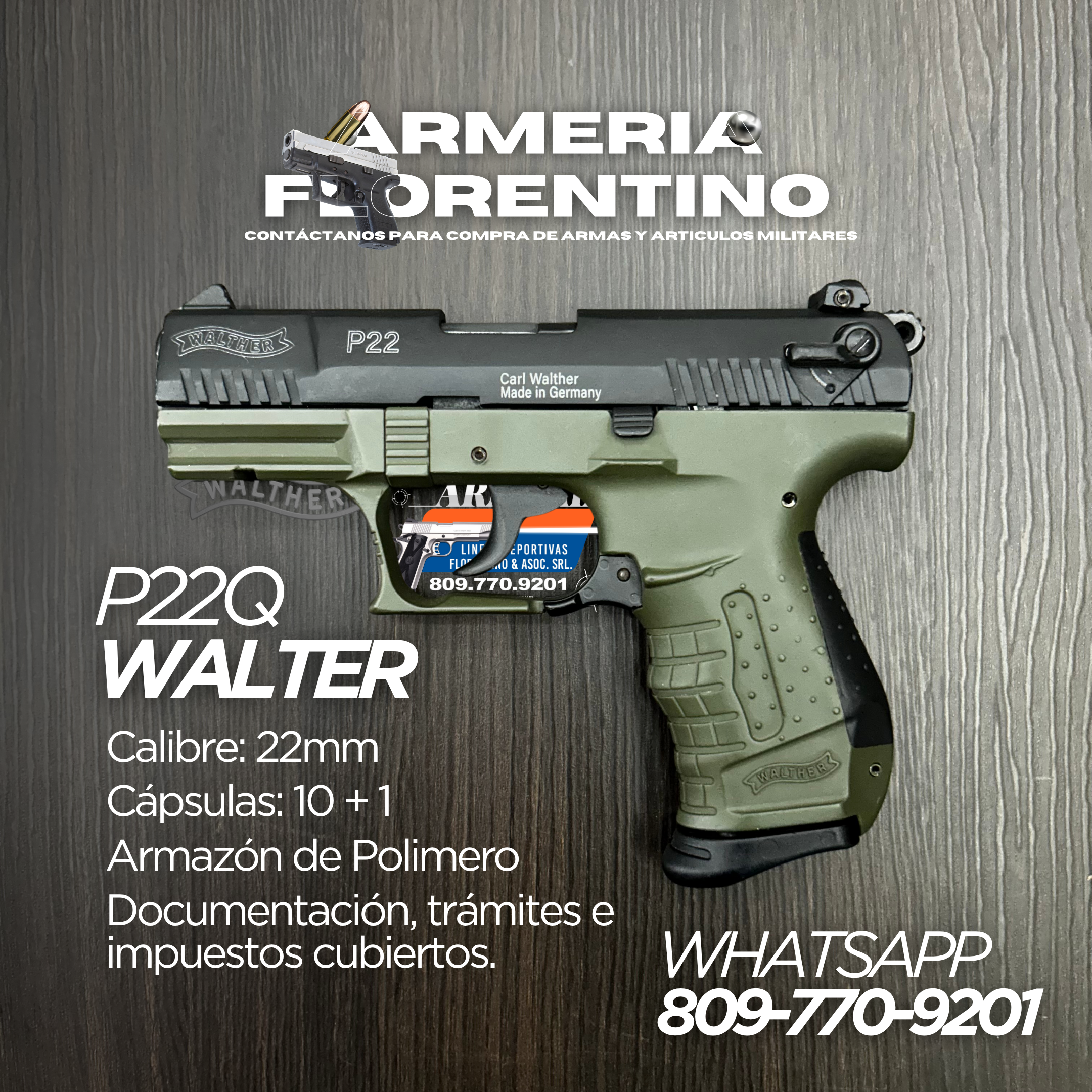 PISTOLA WALTHER, MODELO P22 Q, CALIBRE .22 LR, CAPSULAS: 10 + 1