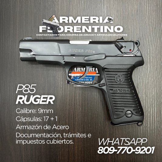 PISTOLA RUGER, MODELO P85, CALIBRE 9MM, CÁPSULAS: 15+1