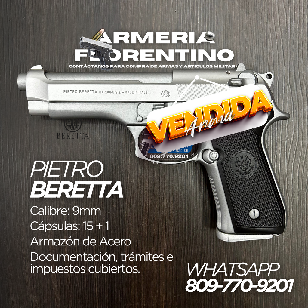 PISTOLA TAURUS, MODELO PT92, CALIBRE 9MM, CAPSULAS: 17 + 1