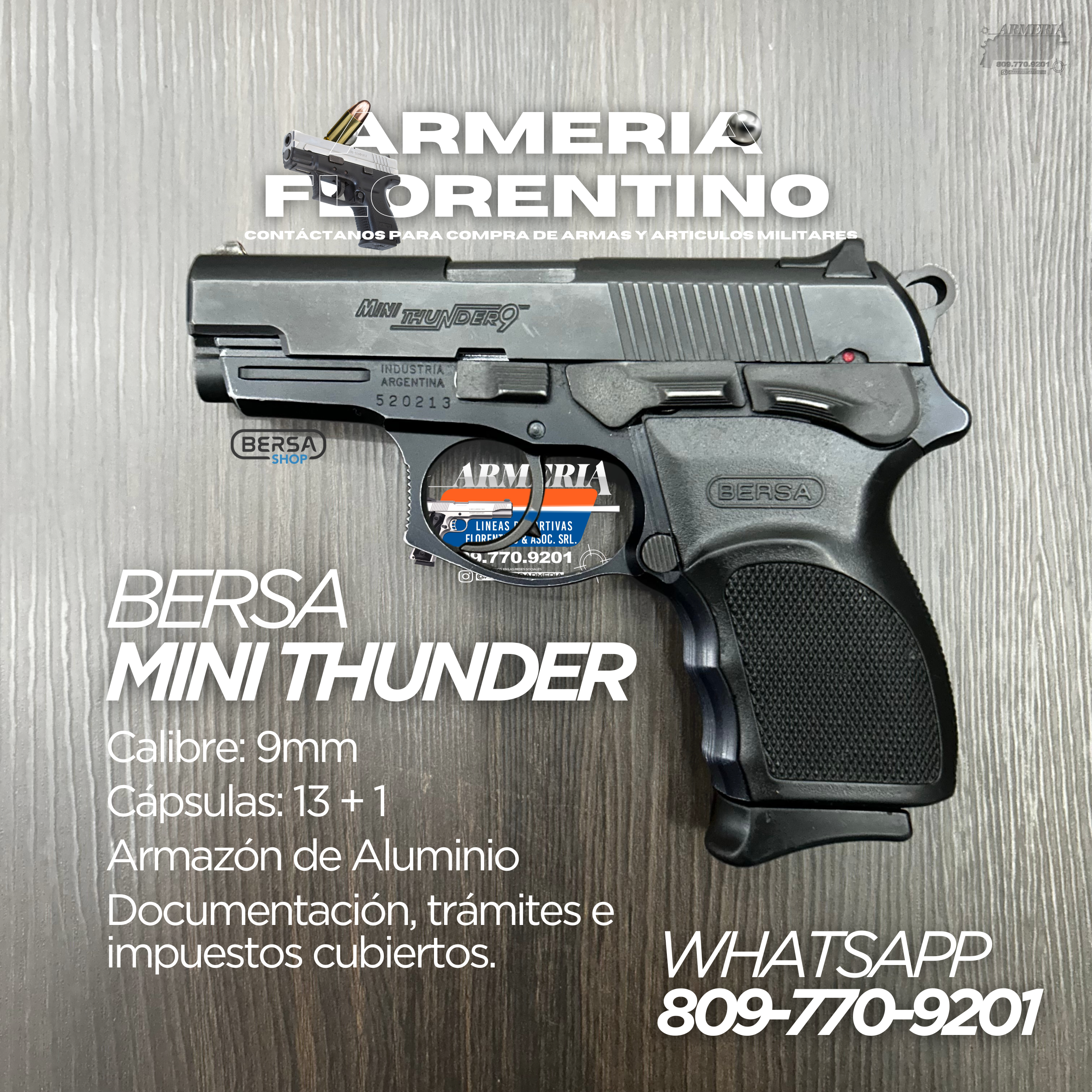 PISTOLA BERSA, MODELO MINI THUNDER 9, CALIBRE 9MM, CAPSULAS: 13 + 1