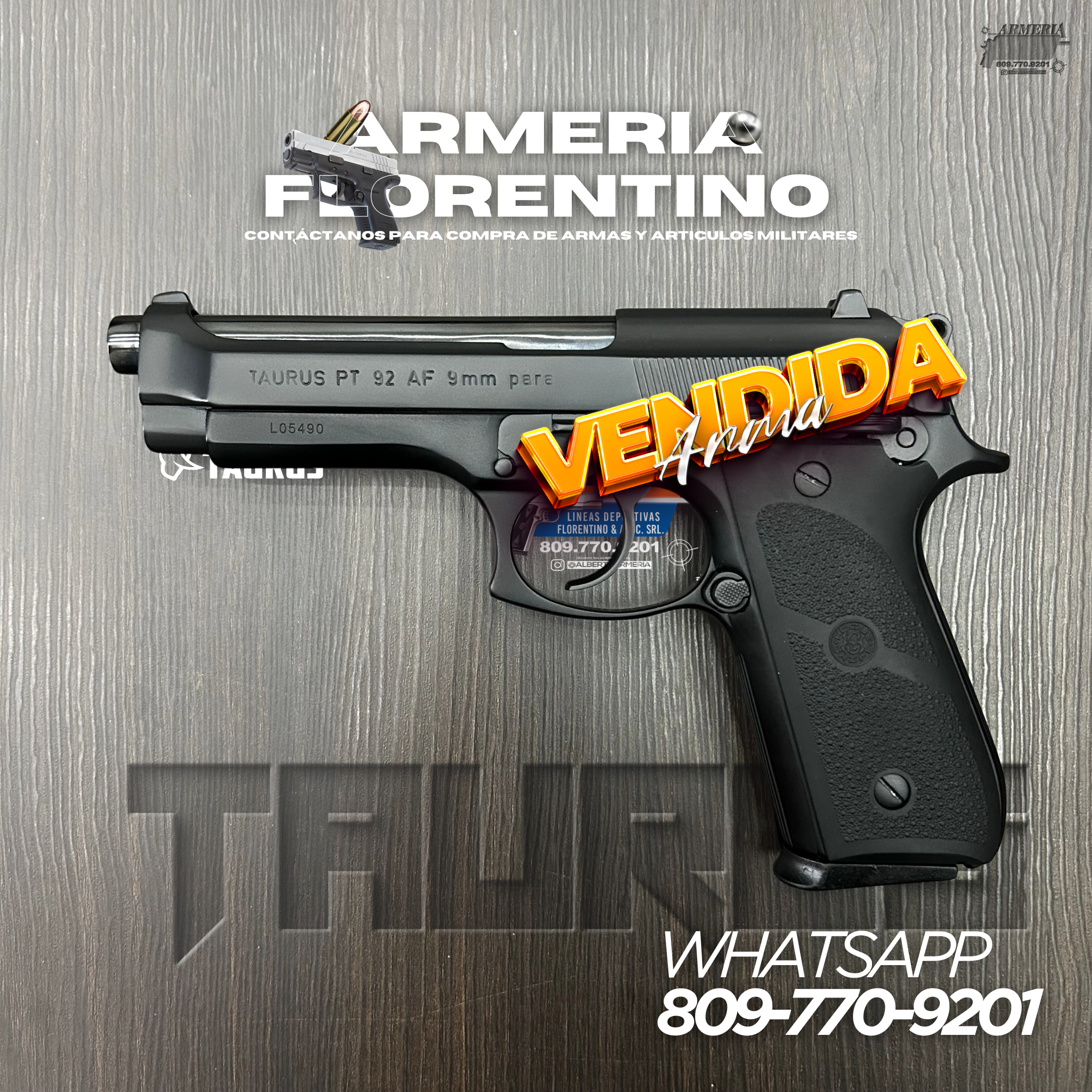 PISTOLA TAURUS, MODELO PT 92 AF, CALIBRE 9MM, CAPSULAS: 15 + 1