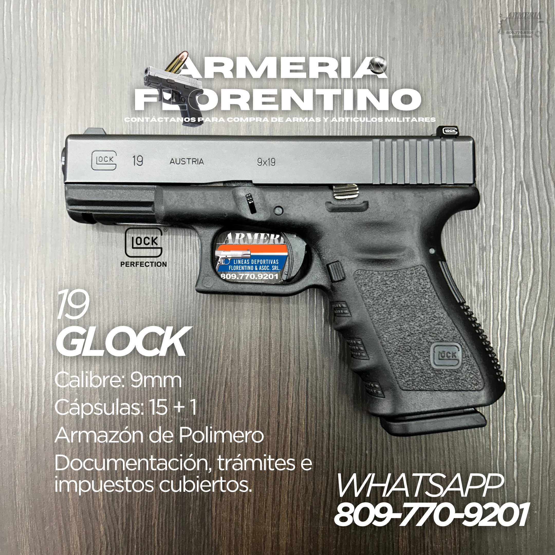 PISTOLA GLOCK, MODELO 19 (3RA GENERACIÓN), CALIBRE 9MM, CAPSULAS: 15 + 1