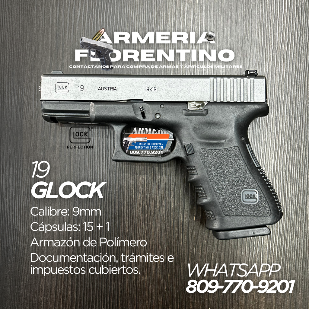 PISTOLA GLOCK, MODELO 19 (3RA GENERACIÓN), CALIBRE 9MM, CAPSULAS: 15 + 1