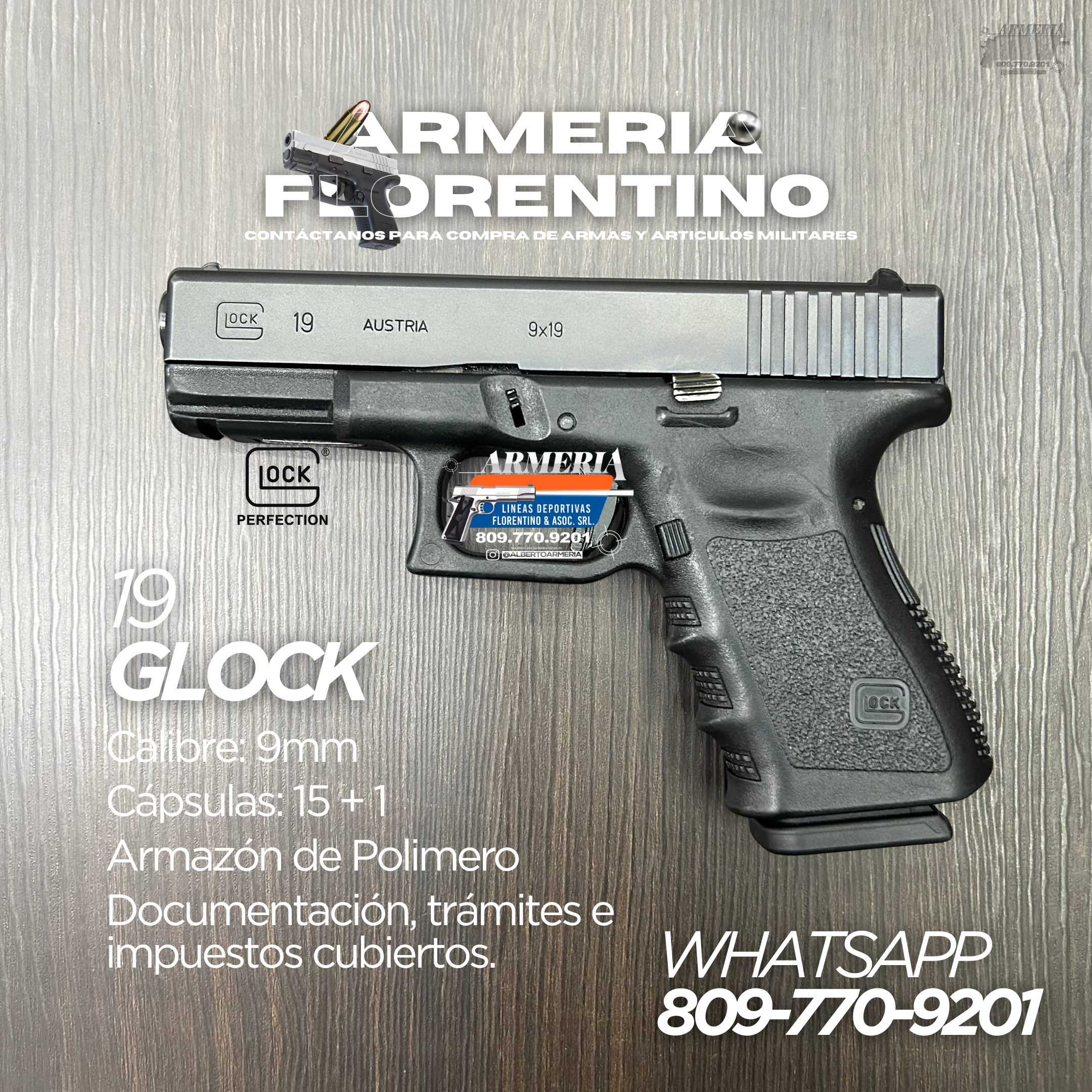 PISTOLA GLOCK, MODELO 19 (3RA GENERACIÓN), CALIBRE 9MM, CAPSULAS: 15 + 1