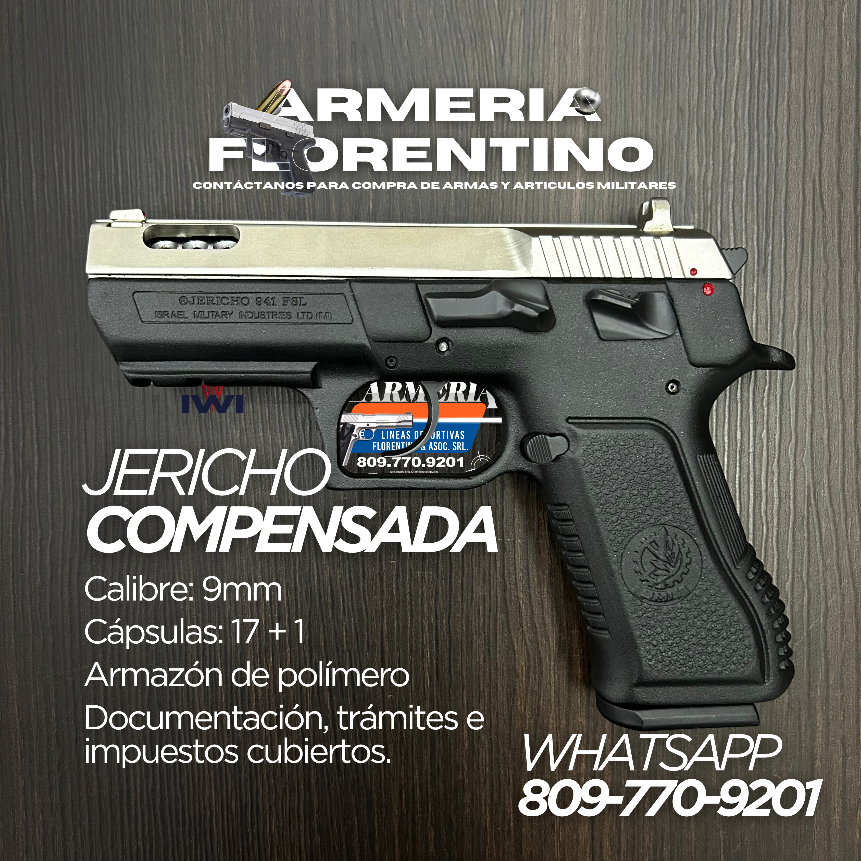 PISTOLA JERICHO, MODELO COMPENSADA, CALIBRE 9MM, CAPSULAS: 15 + 1
