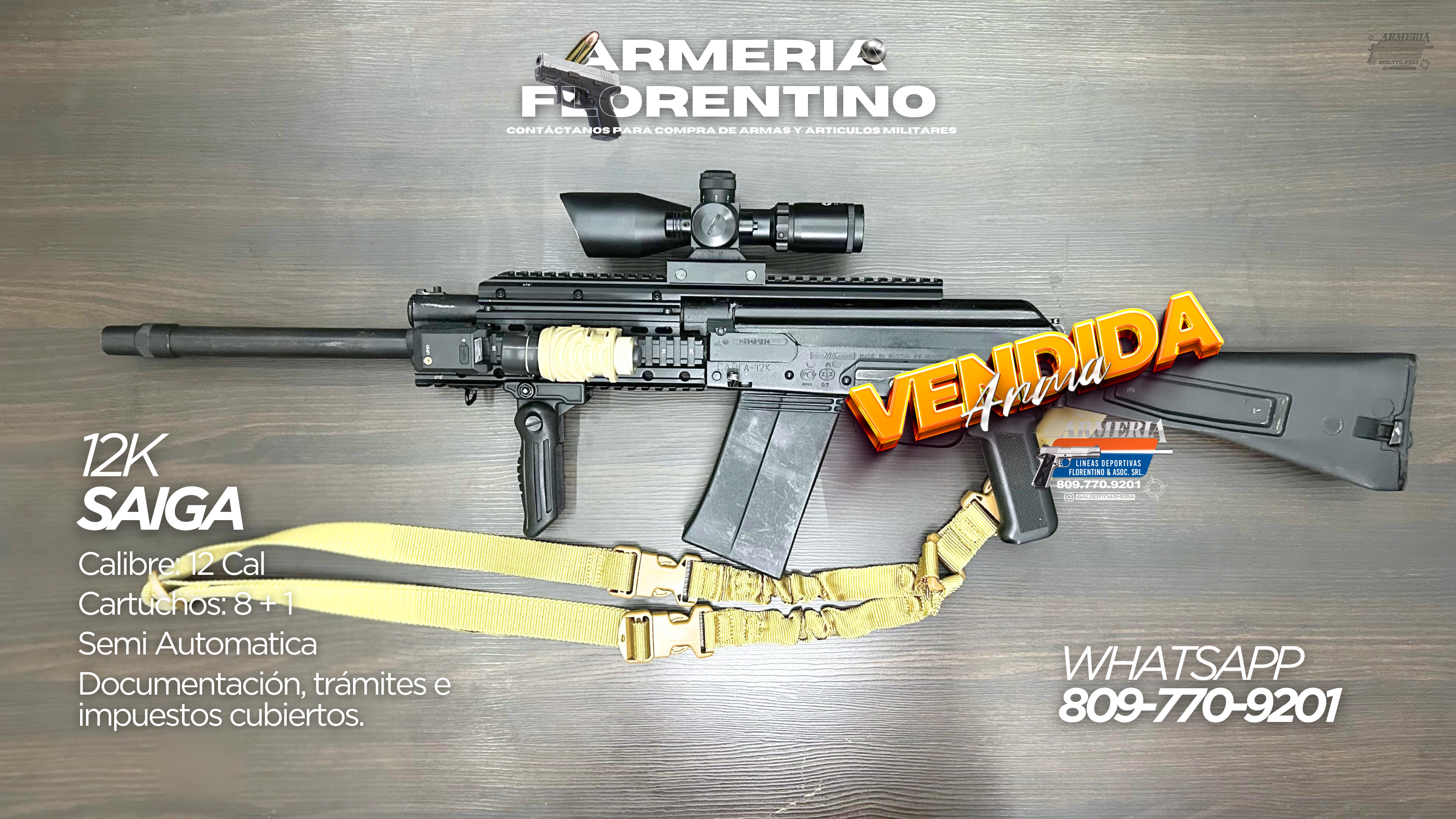 ESCOPETA SAIGA, MODELO 12K, CALIBRE 12, CAPACIDAD 8 CAPSULAS
