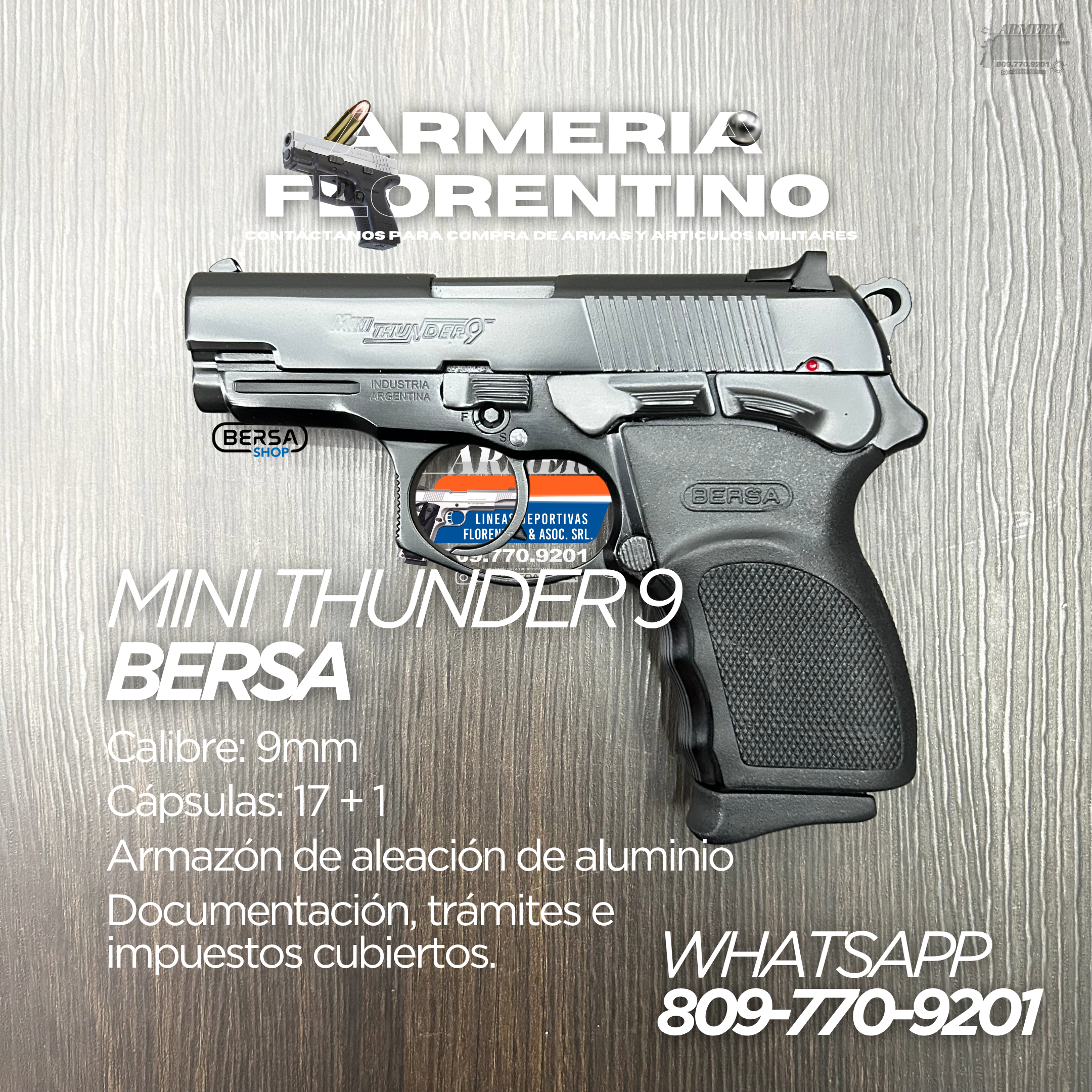 PISTOLA BERSA, MODELO MINI THUNDER, CALIBRE: 9MM, CAPSULAS 13 + 1