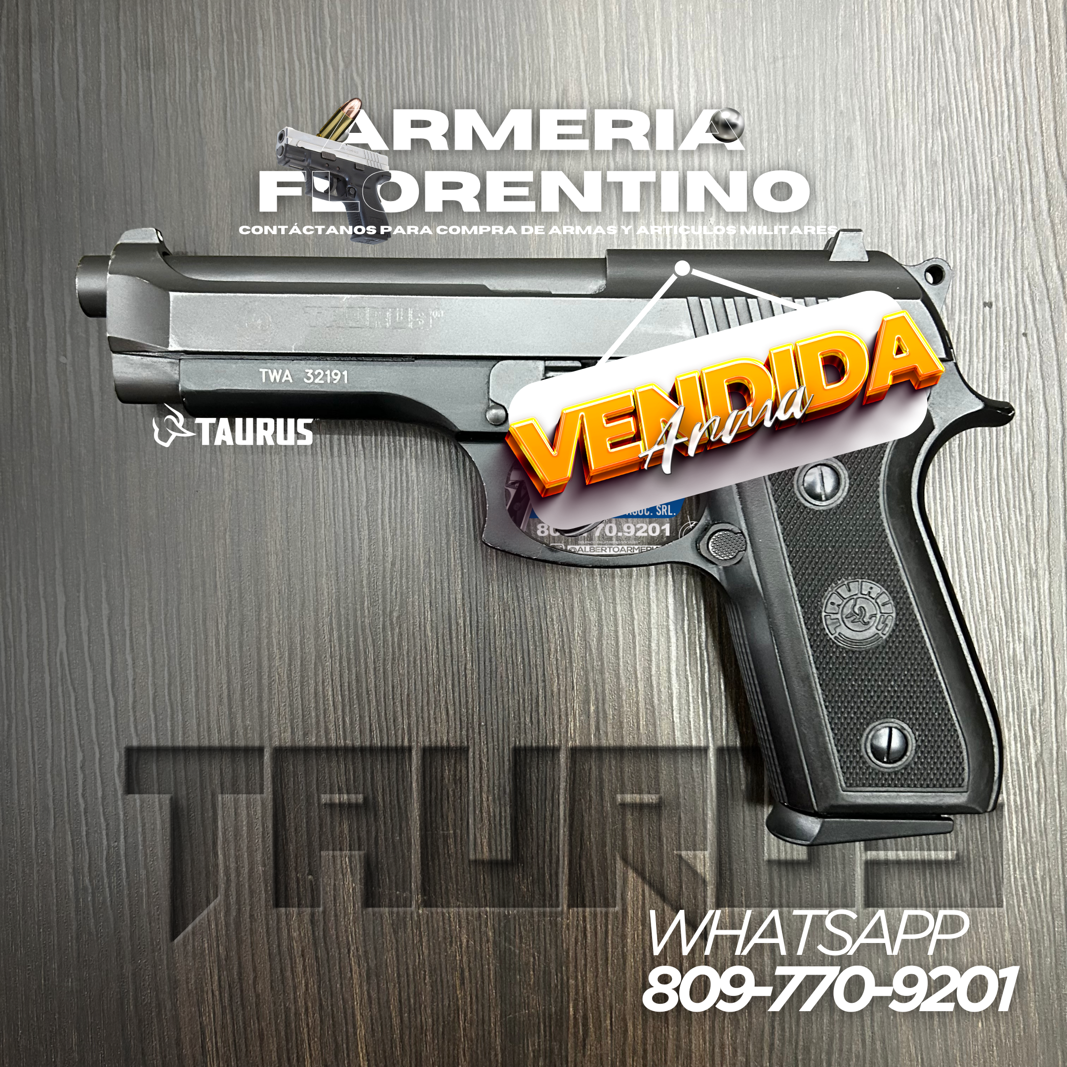 PISTOLA TAURUS, MODELO PT 92 AF, CALIBRE 9MM, CAPSULAS: 15 + 1